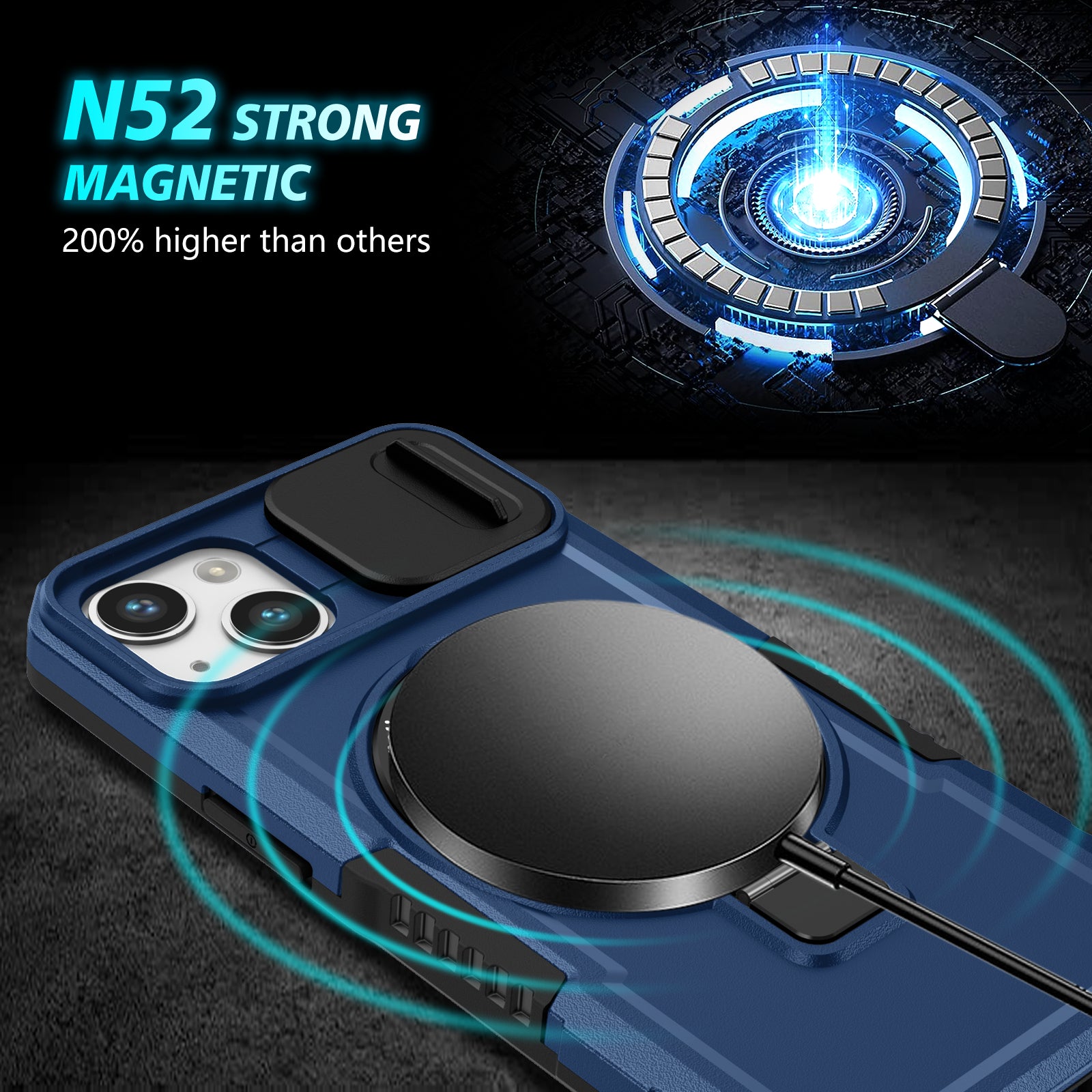 For iPhone 13 Camera Protection Case Magnetic Kickstand PC+TPU Phone Cover