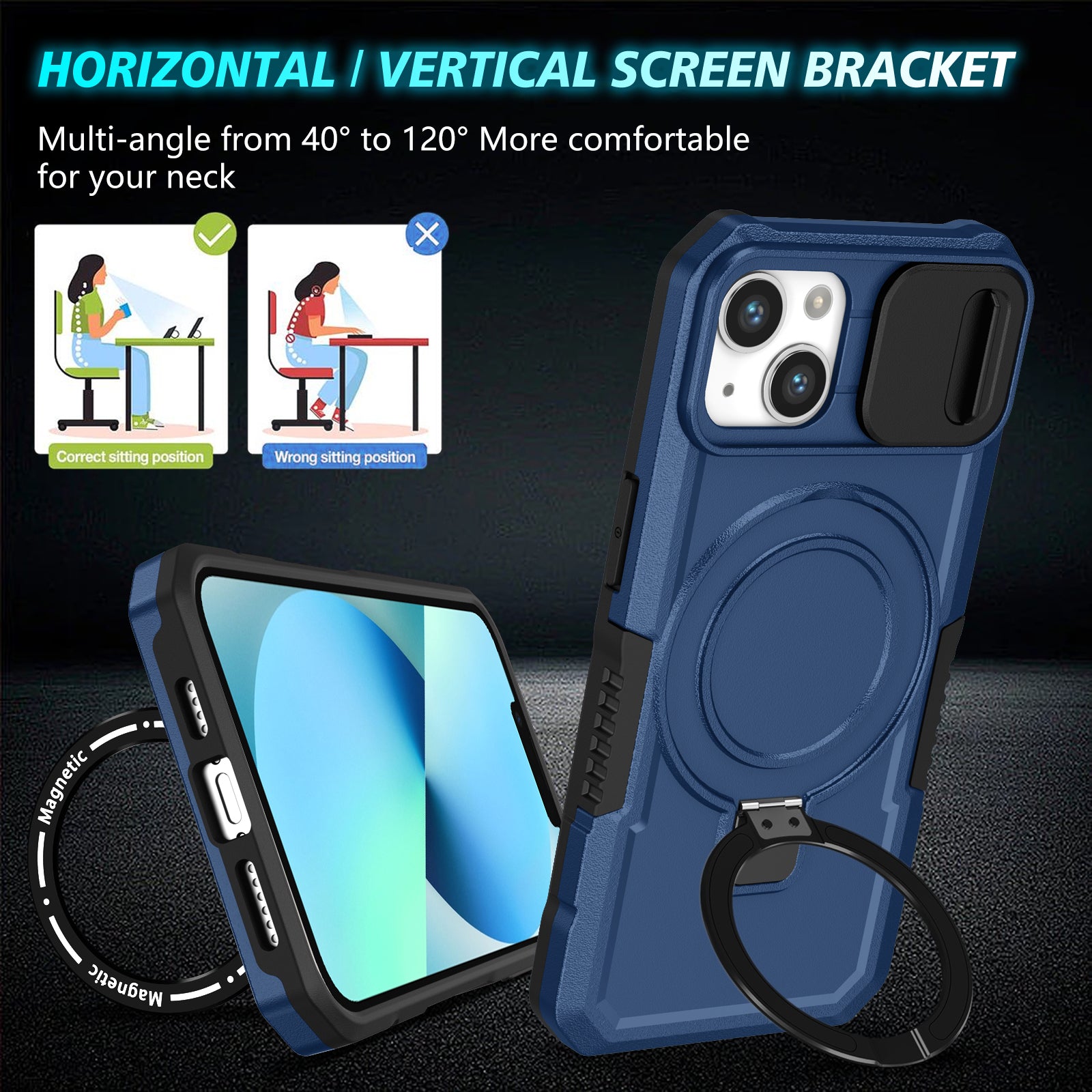 For iPhone 13 Camera Protection Case Magnetic Kickstand PC+TPU Phone Cover