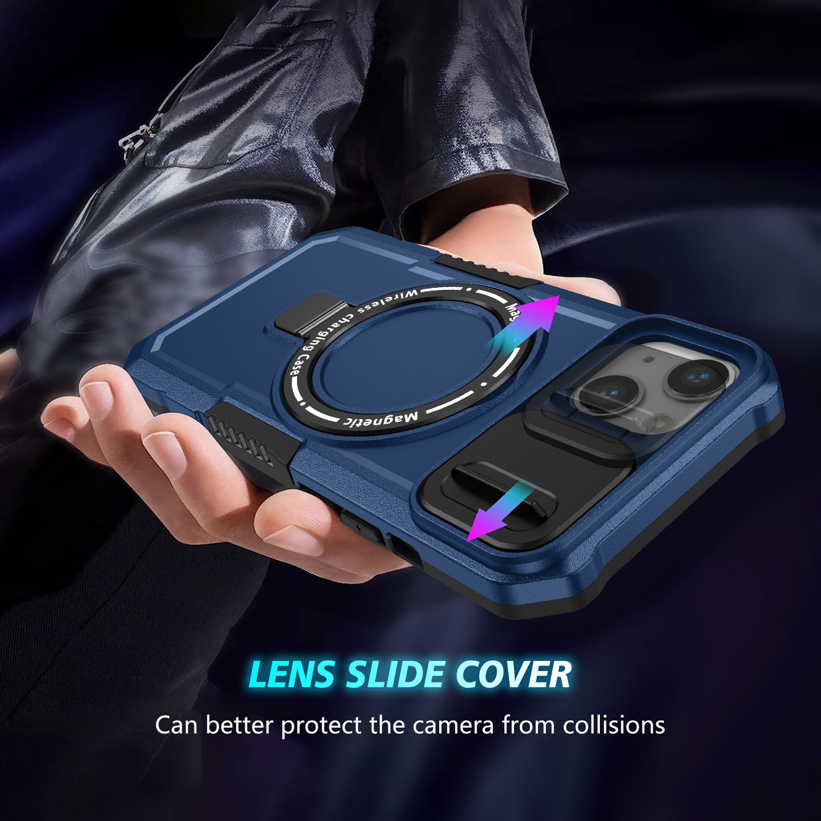 For iPhone 13 Camera Protection Case Magnetic Kickstand PC+TPU Phone Cover
