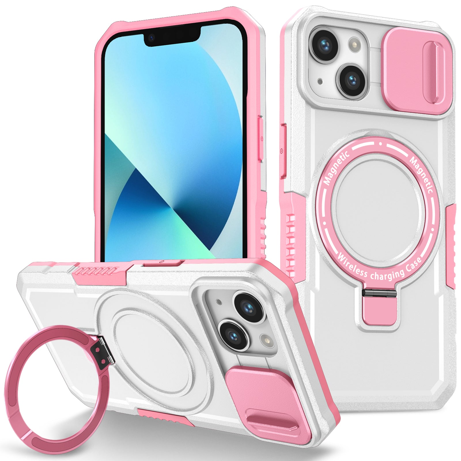 For iPhone 13 Camera Protection Case Magnetic Kickstand PC+TPU Phone Cover