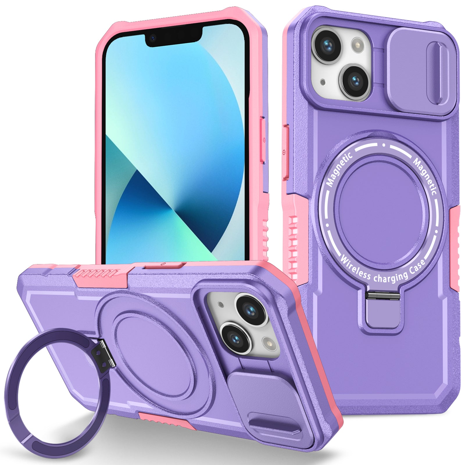 For iPhone 13 Camera Protection Case Magnetic Kickstand PC+TPU Phone Cover