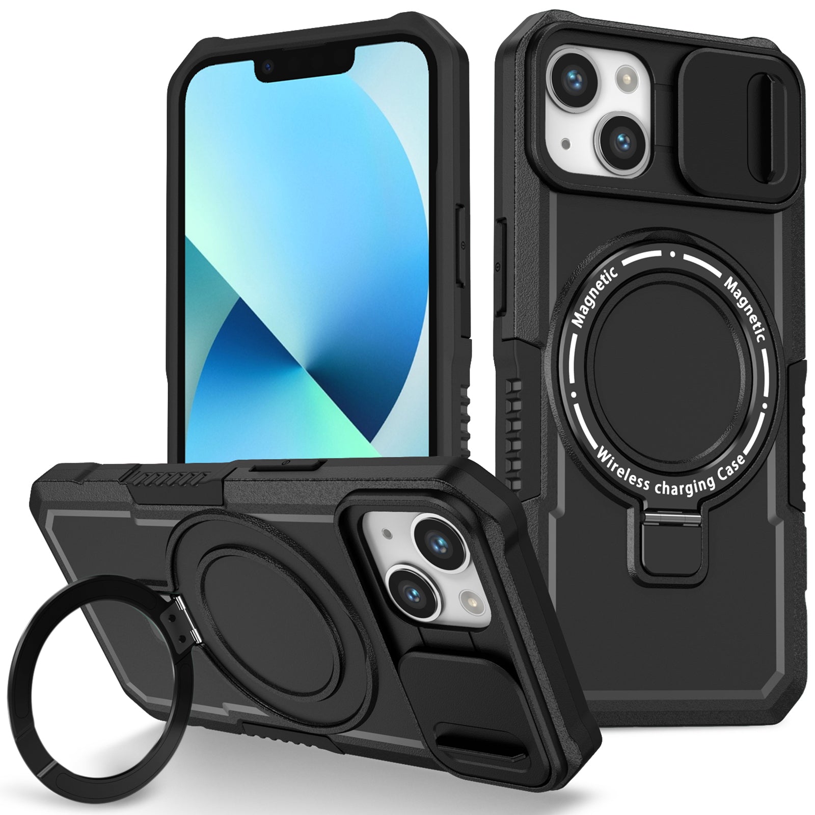 For iPhone 13 Camera Protection Case Magnetic Kickstand PC+TPU Phone Cover