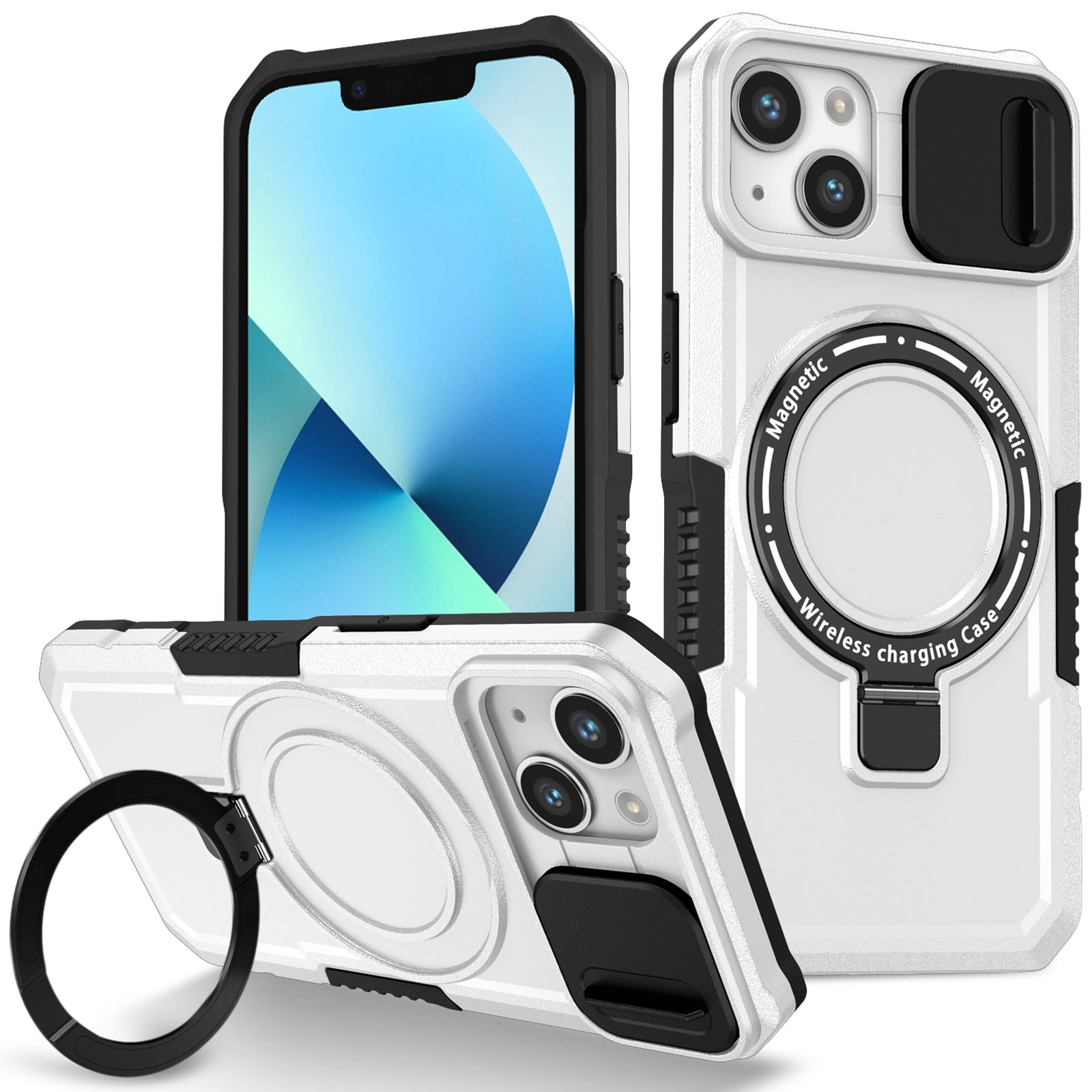 For iPhone 13 Camera Protection Case Magnetic Kickstand PC+TPU Phone Cover