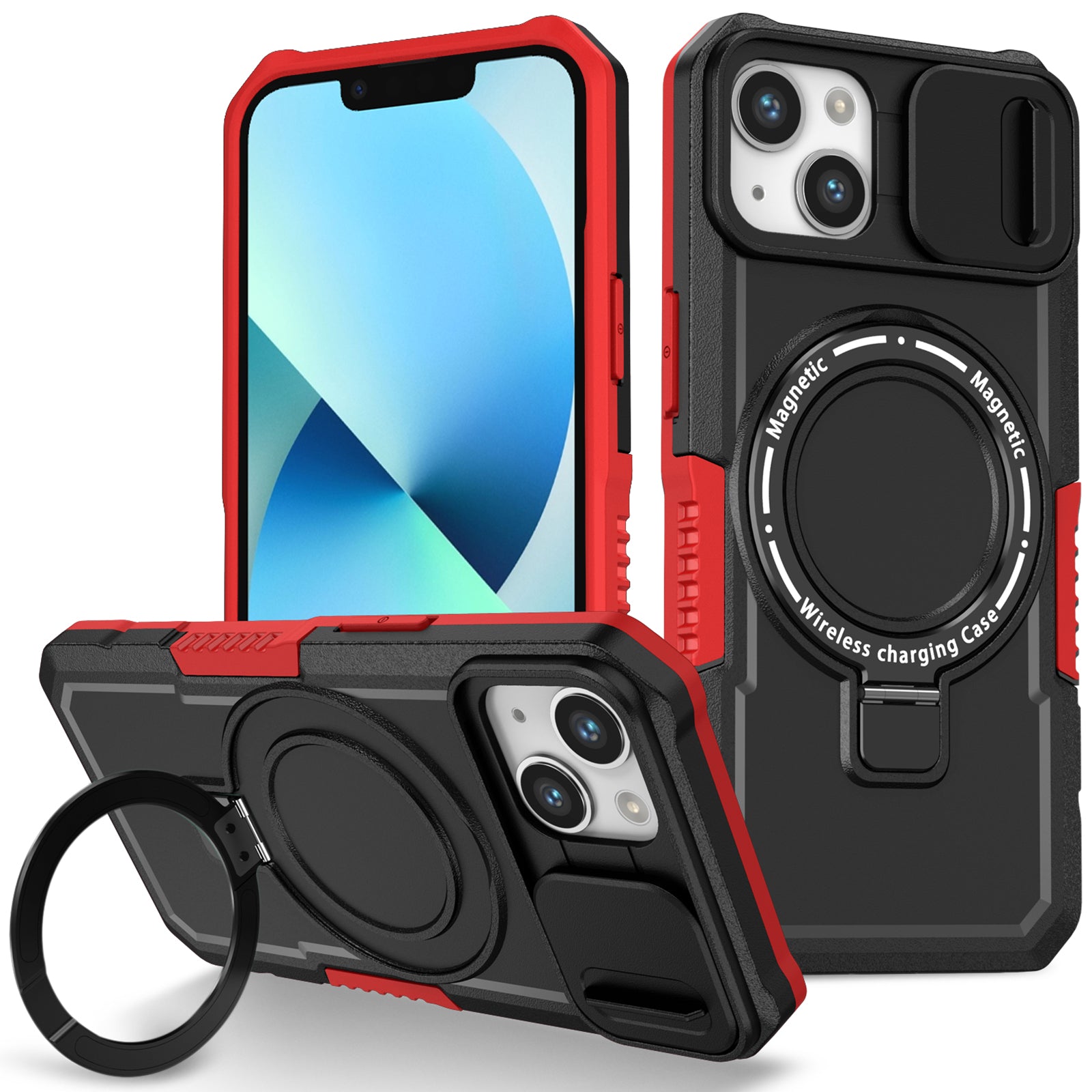 For iPhone 13 Camera Protection Case Magnetic Kickstand PC+TPU Phone Cover