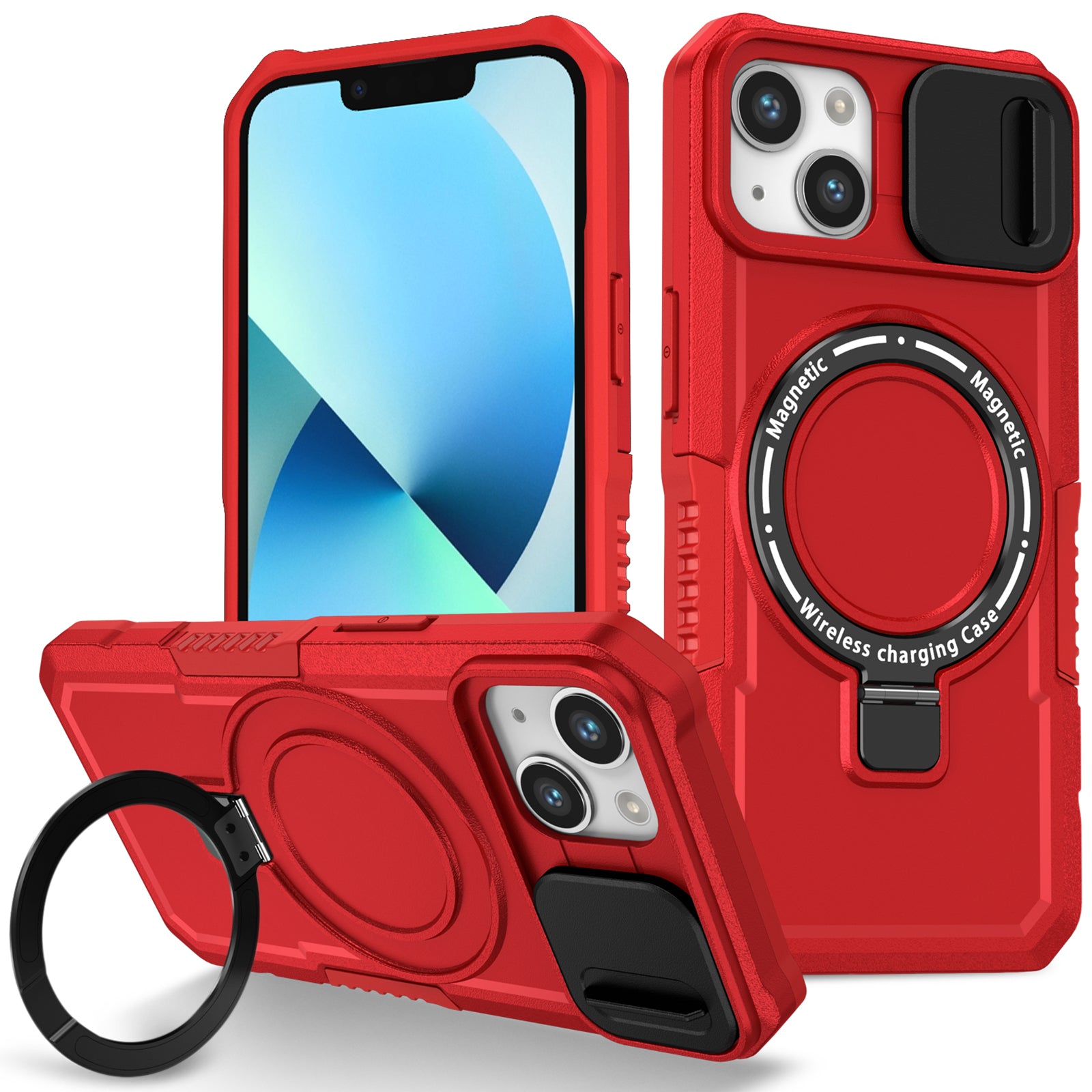For iPhone 13 Camera Protection Case Magnetic Kickstand PC+TPU Phone Cover