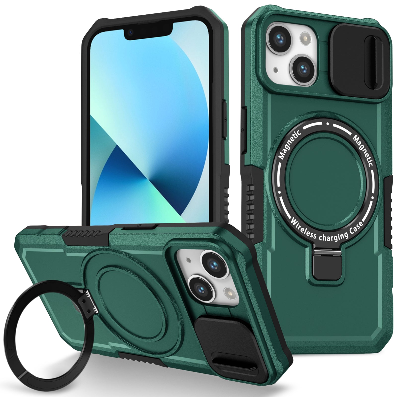 For iPhone 13 Camera Protection Case Magnetic Kickstand PC+TPU Phone Cover