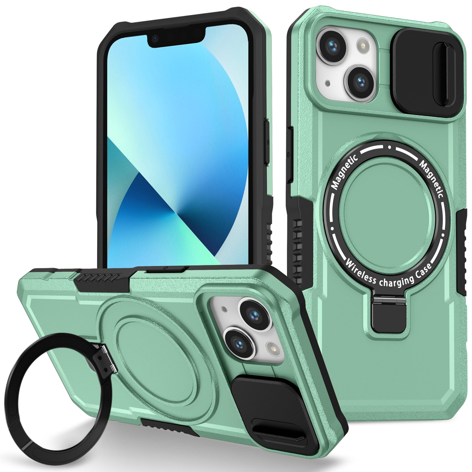 For iPhone 13 Camera Protection Case Magnetic Kickstand PC+TPU Phone Cover