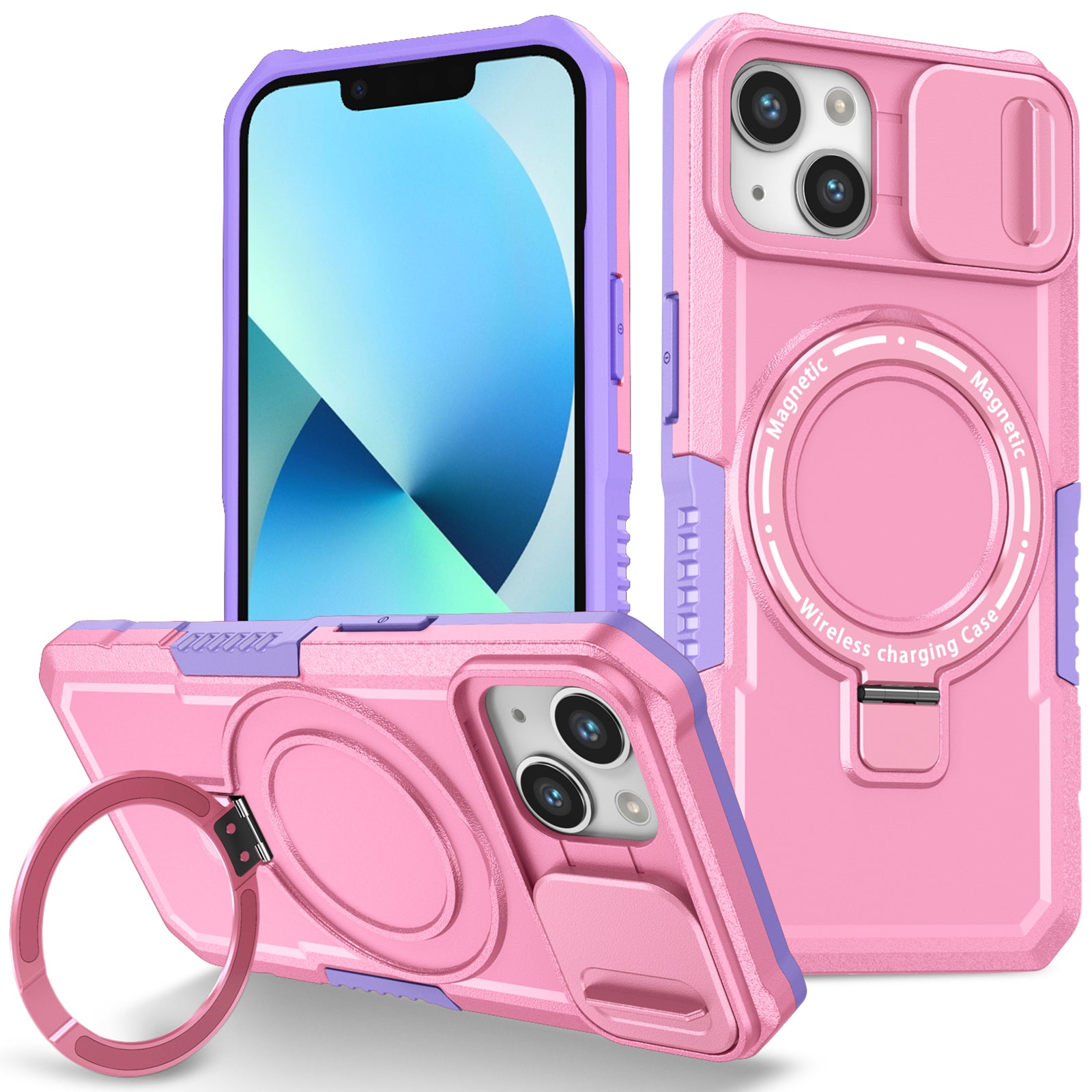 For iPhone 13 Camera Protection Case Magnetic Kickstand PC+TPU Phone Cover