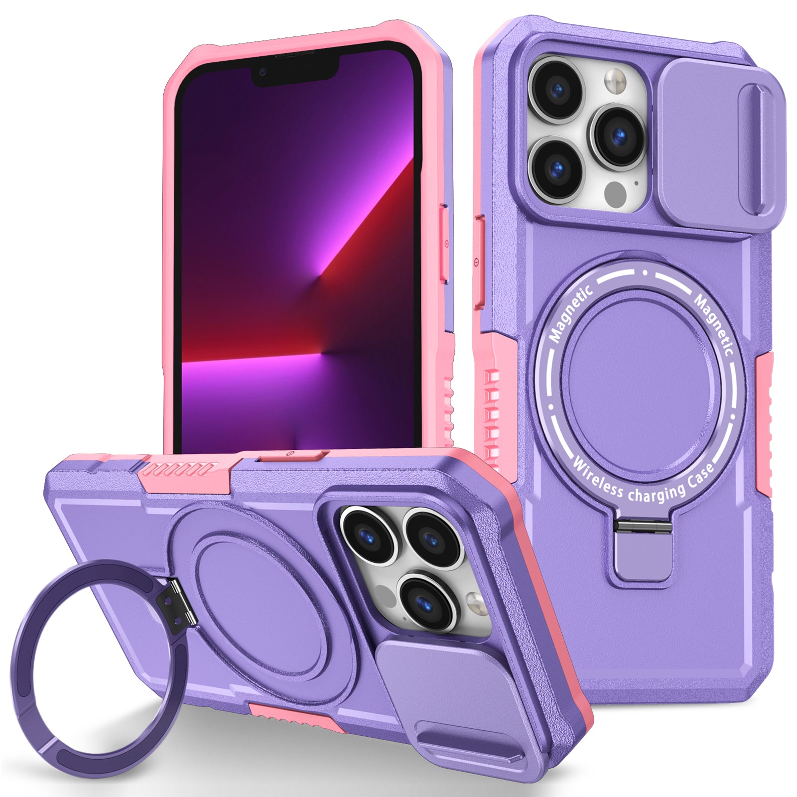 For iPhone 13 Pro Case with Lens Lid PC+TPU Phone Cover Compatible with MagSafe
