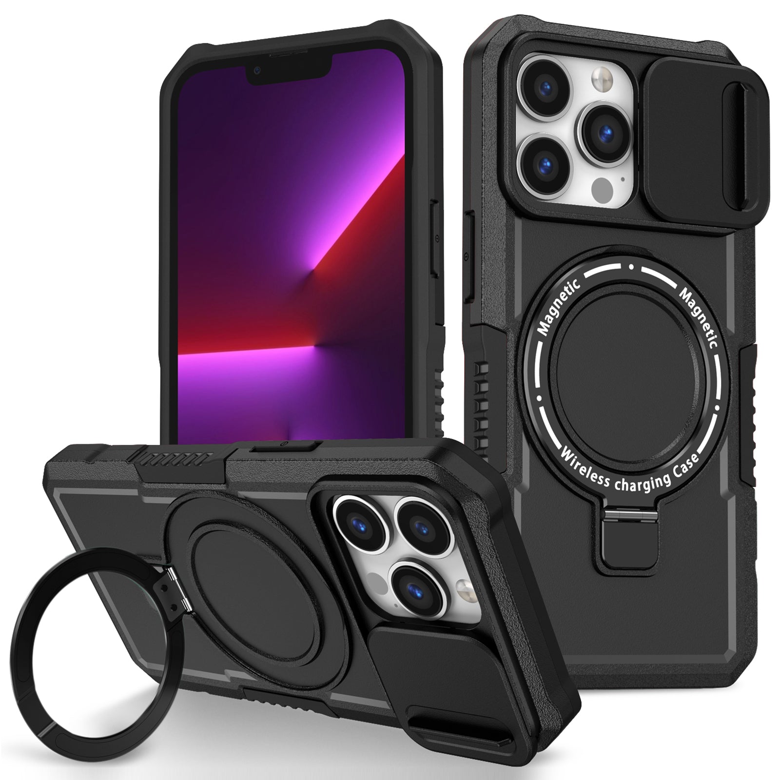 For iPhone 13 Pro Case with Lens Lid PC+TPU Phone Cover Compatible with MagSafe