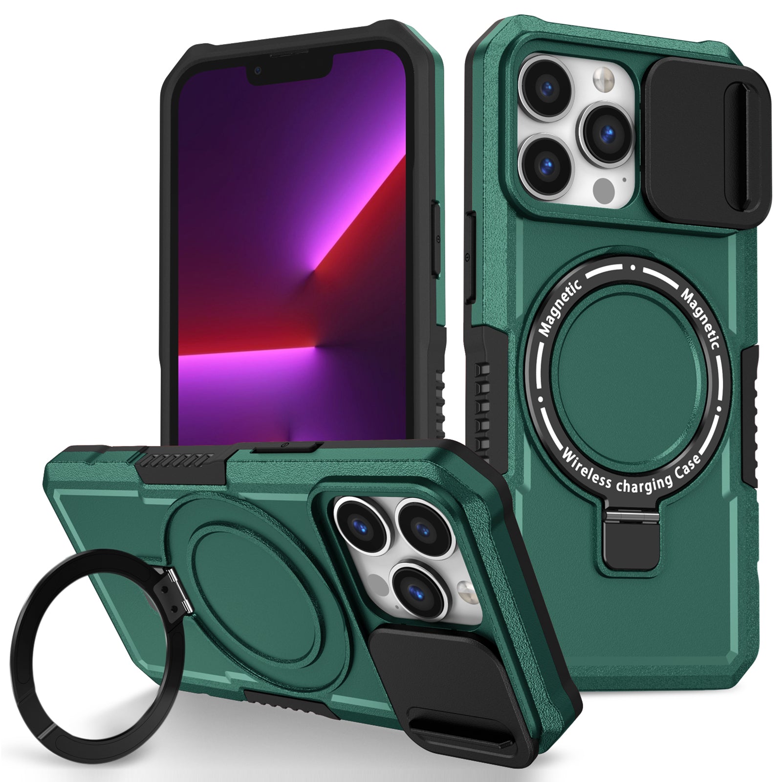 For iPhone 13 Pro Case with Lens Lid PC+TPU Phone Cover Compatible with MagSafe