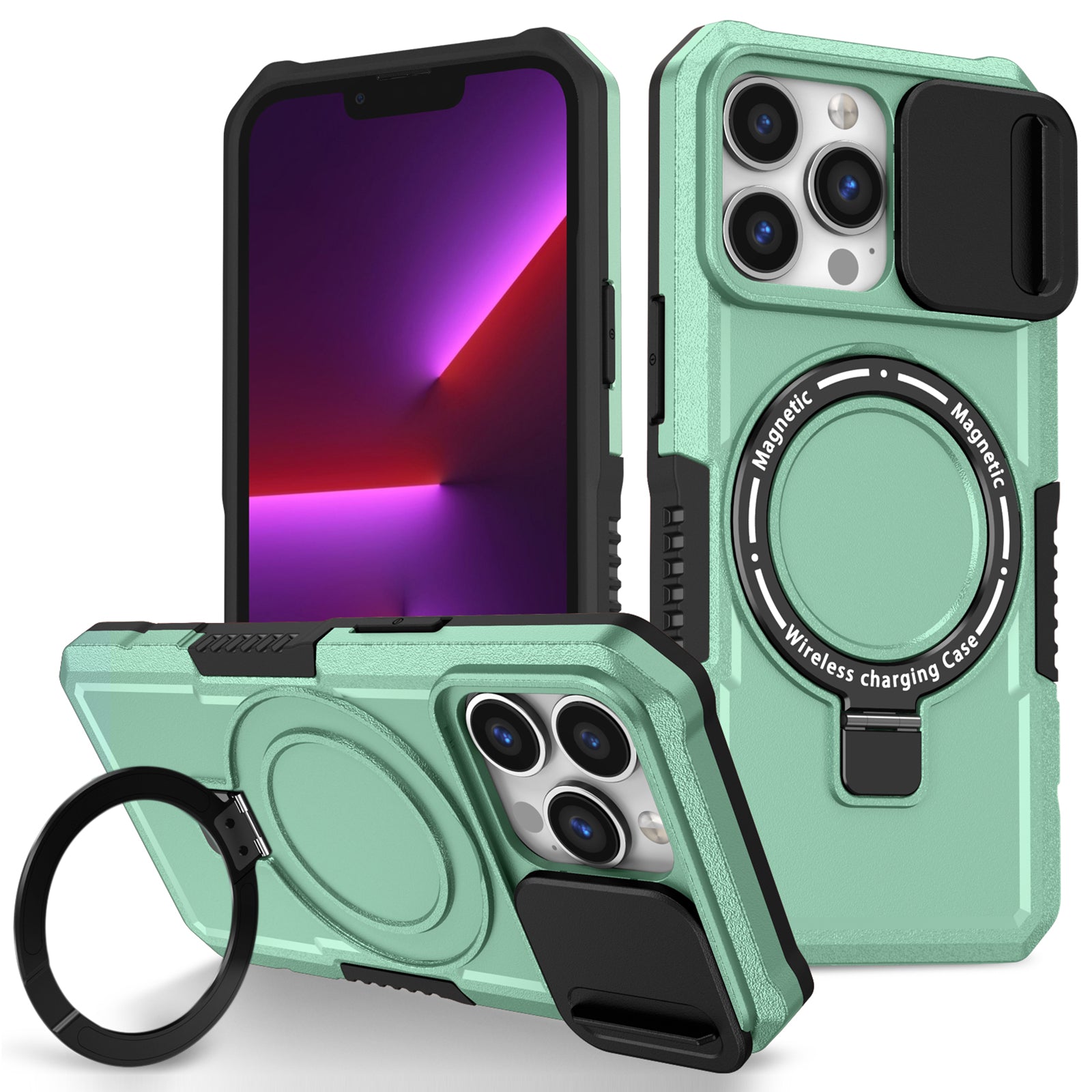 For iPhone 13 Pro Case with Lens Lid PC+TPU Phone Cover Compatible with MagSafe