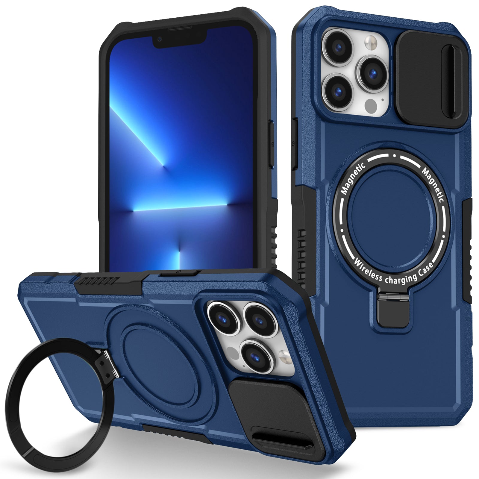 For iPhone 13 Pro Max 6.7 inch Magnetic Case with Sliding Camera Cover Kickstand Shockproof Phone Shell
