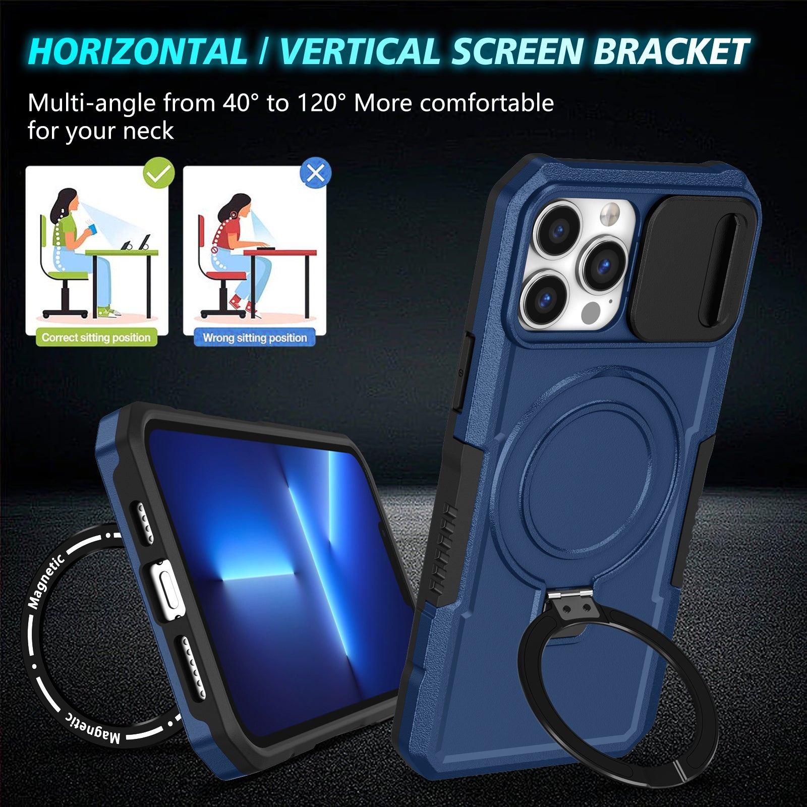For iPhone 13 Pro Max 6.7 inch Magnetic Case with Sliding Camera Cover Kickstand Shockproof Phone Shell