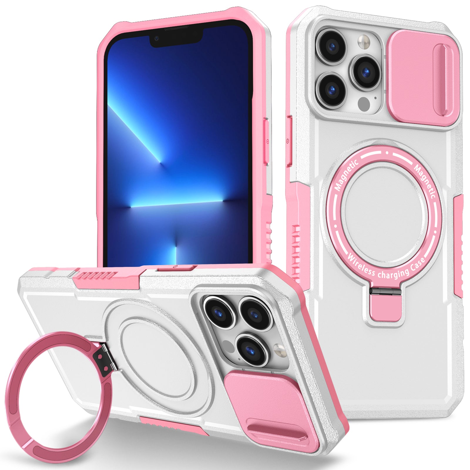 For iPhone 13 Pro Max 6.7 inch Magnetic Case with Sliding Camera Cover Kickstand Shockproof Phone Shell