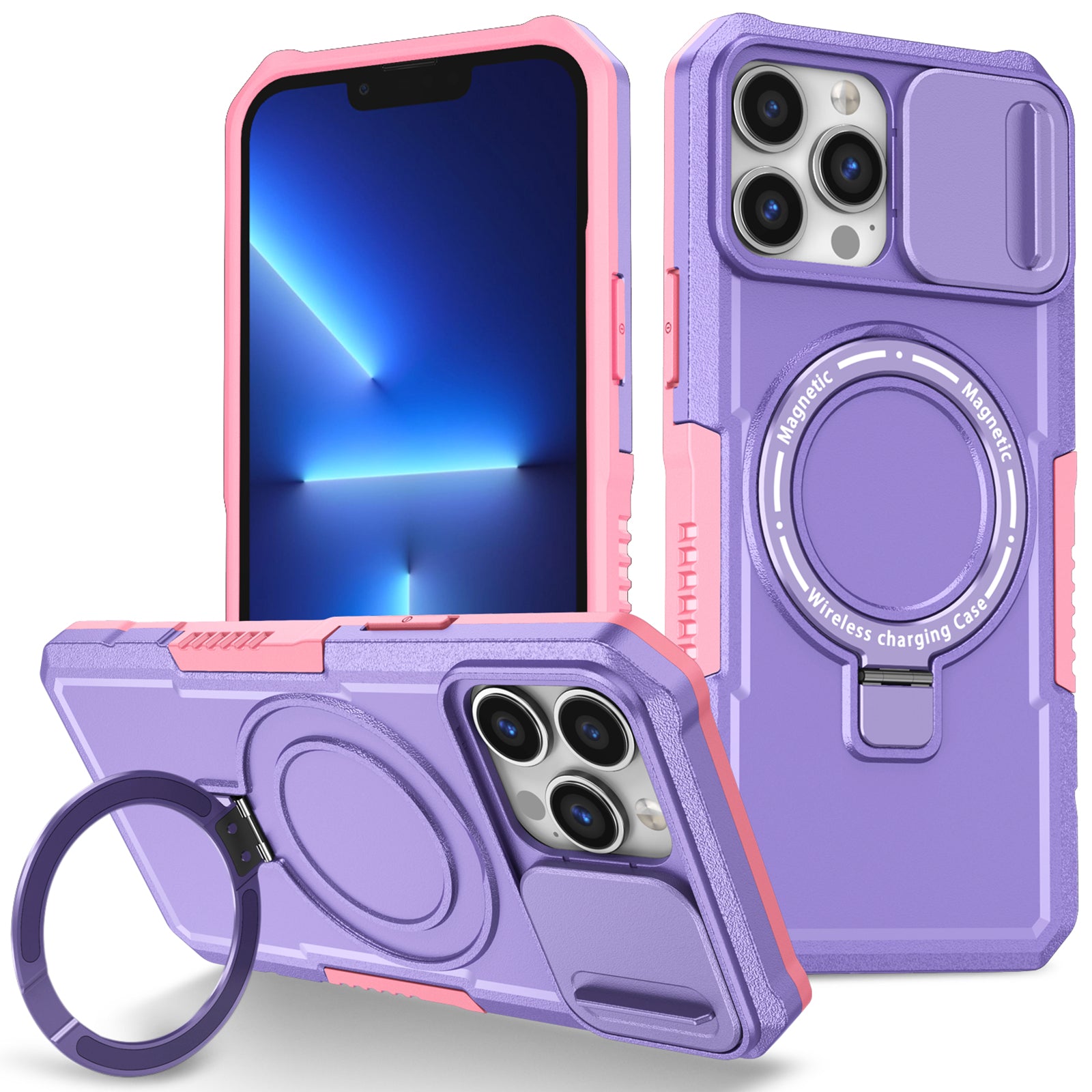 For iPhone 13 Pro Max 6.7 inch Magnetic Case with Sliding Camera Cover Kickstand Shockproof Phone Shell