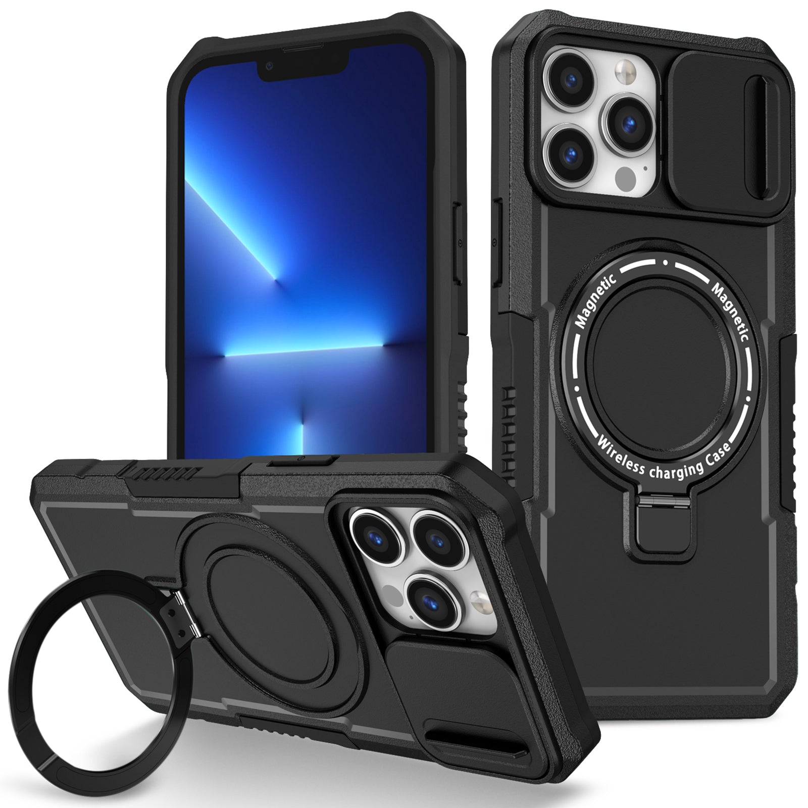 For iPhone 13 Pro Max 6.7 inch Magnetic Case with Sliding Camera Cover Kickstand Shockproof Phone Shell