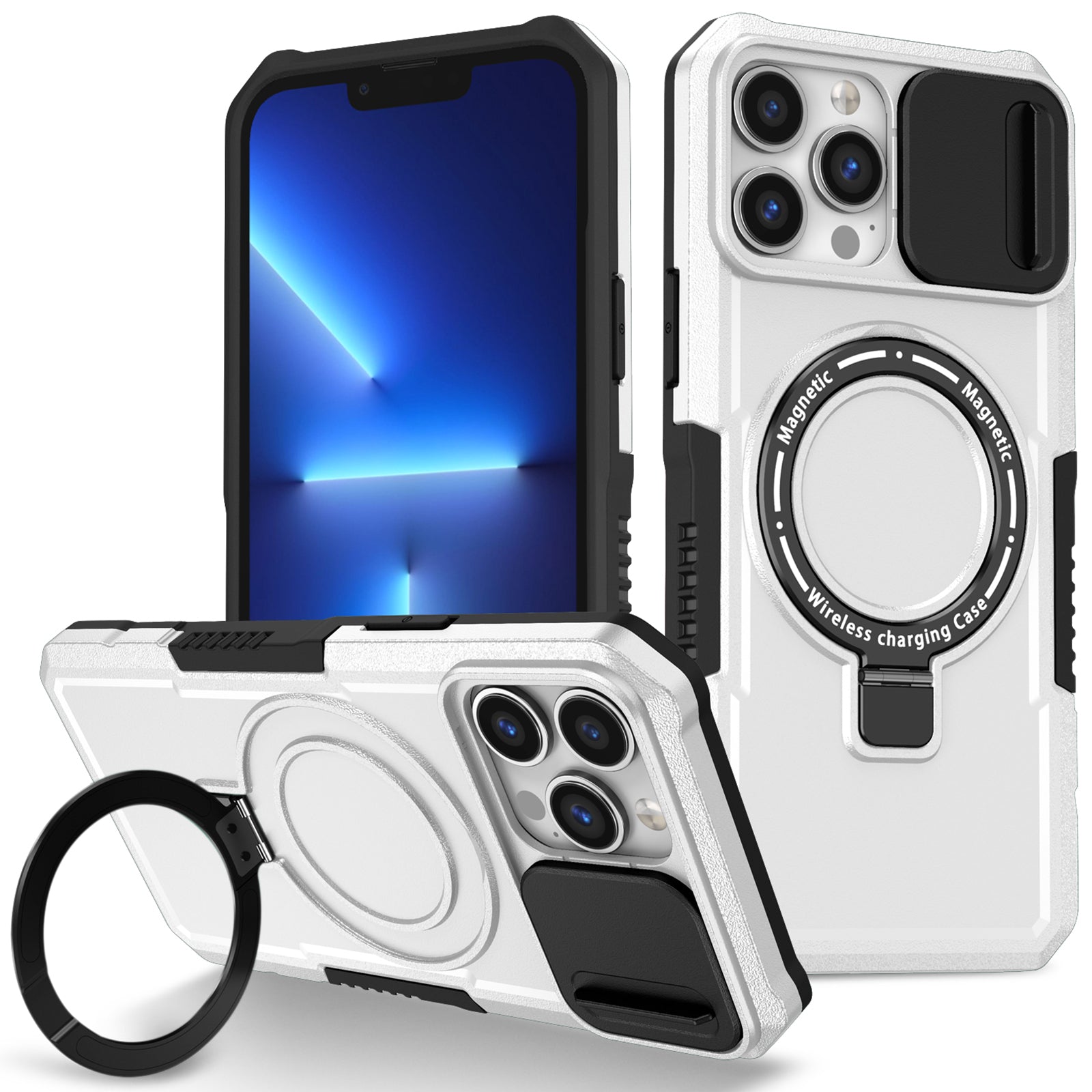 For iPhone 13 Pro Max 6.7 inch Magnetic Case with Sliding Camera Cover Kickstand Shockproof Phone Shell