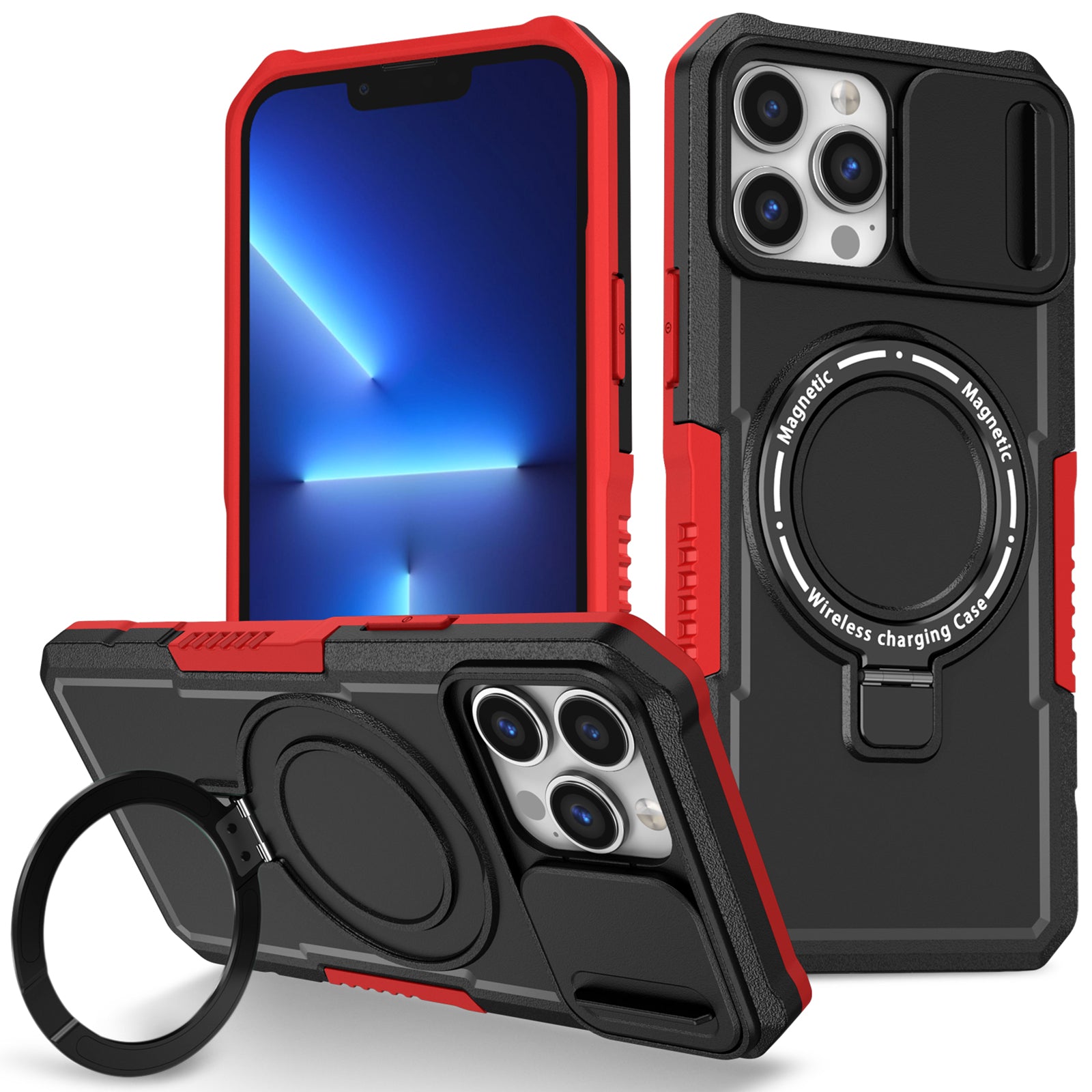 For iPhone 13 Pro Max 6.7 inch Magnetic Case with Sliding Camera Cover Kickstand Shockproof Phone Shell