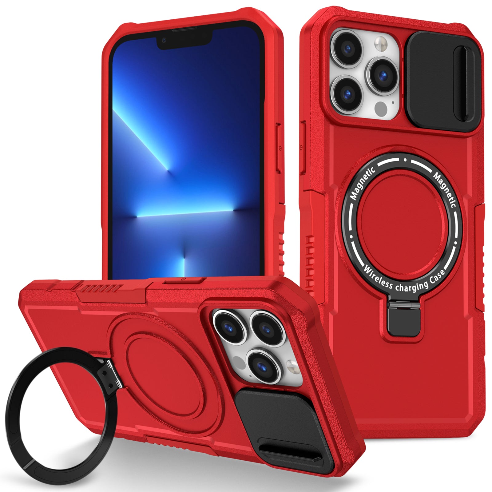 For iPhone 13 Pro Max 6.7 inch Magnetic Case with Sliding Camera Cover Kickstand Shockproof Phone Shell
