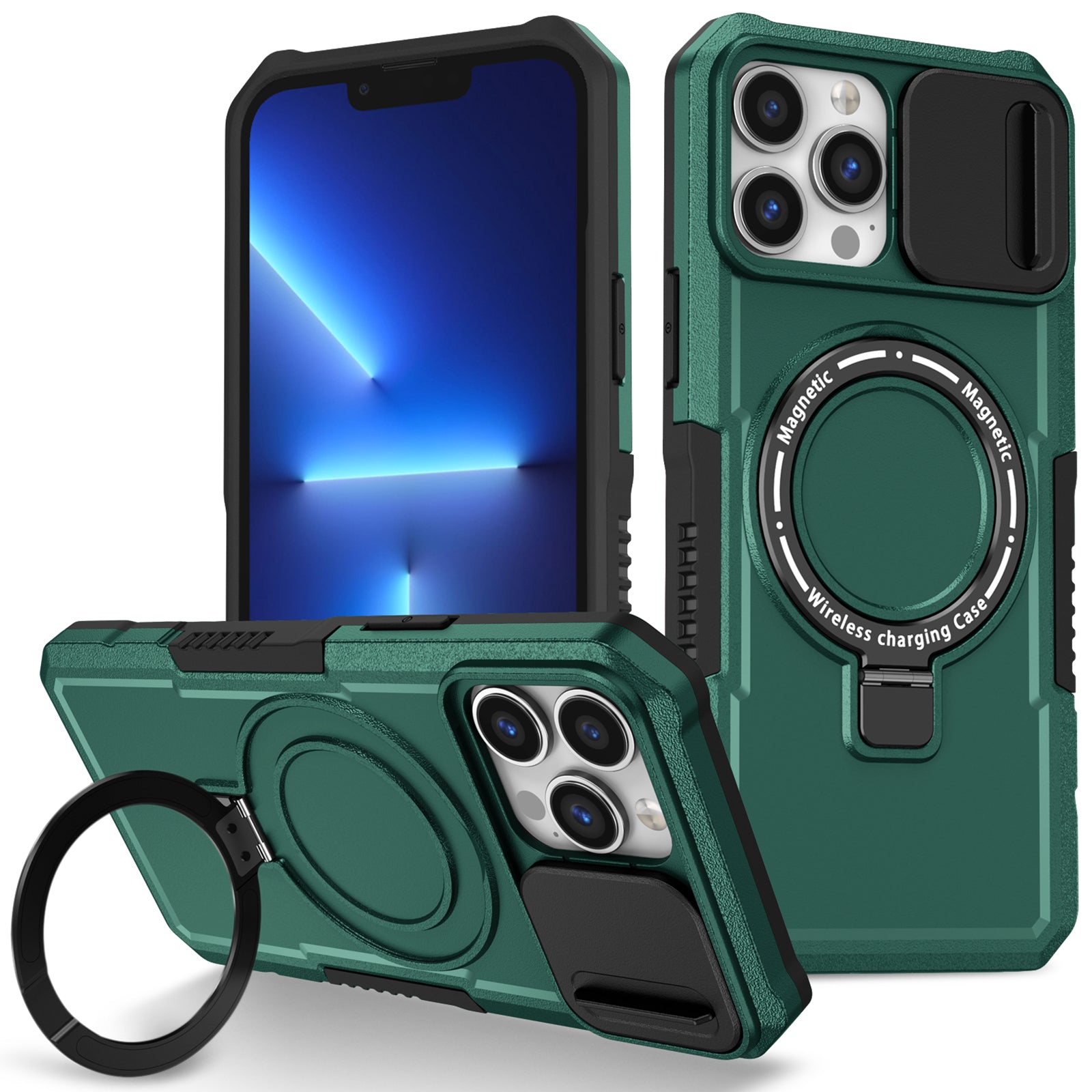 For iPhone 13 Pro Max 6.7 inch Magnetic Case with Sliding Camera Cover Kickstand Shockproof Phone Shell