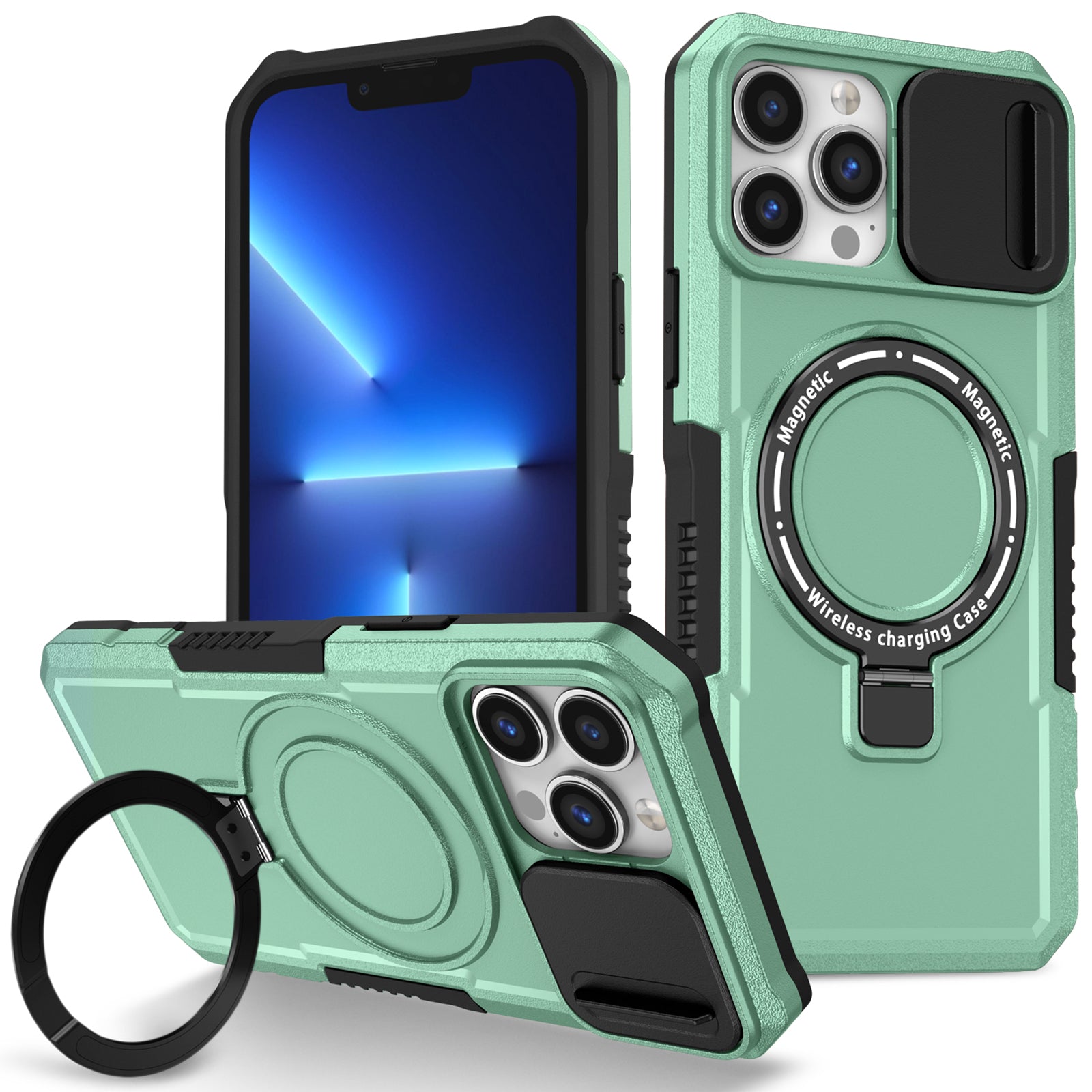 For iPhone 13 Pro Max 6.7 inch Magnetic Case with Sliding Camera Cover Kickstand Shockproof Phone Shell