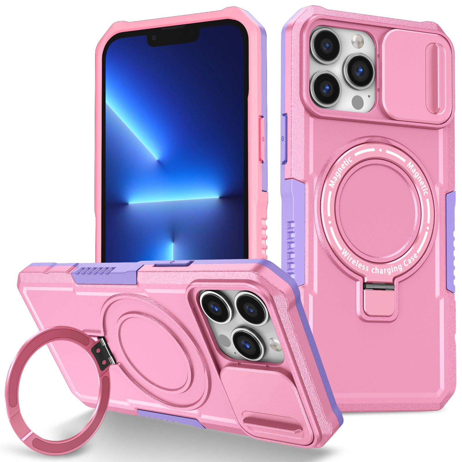 For iPhone 13 Pro Max 6.7 inch Magnetic Case with Sliding Camera Cover Kickstand Shockproof Phone Shell