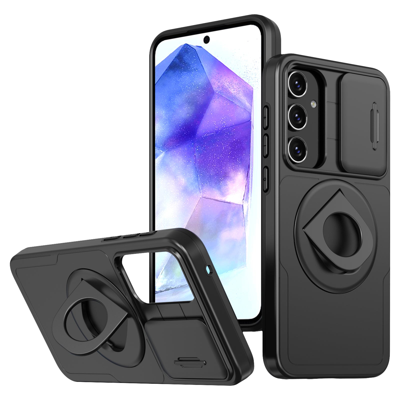 For Samsung Galaxy A55 5G Case Magnetic Kickstand TPU+PC Phone Cover with Slide Lens Lid