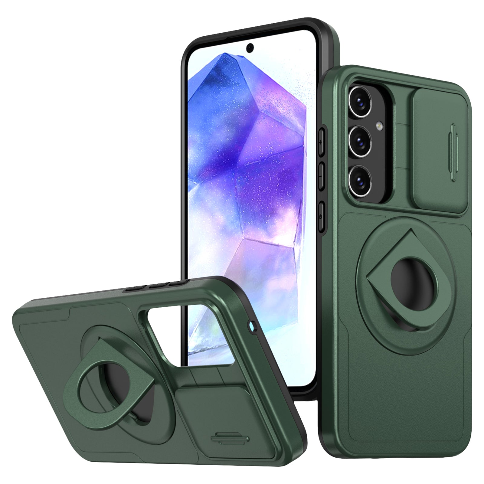 For Samsung Galaxy A55 5G Case Magnetic Kickstand TPU+PC Phone Cover with Slide Lens Lid