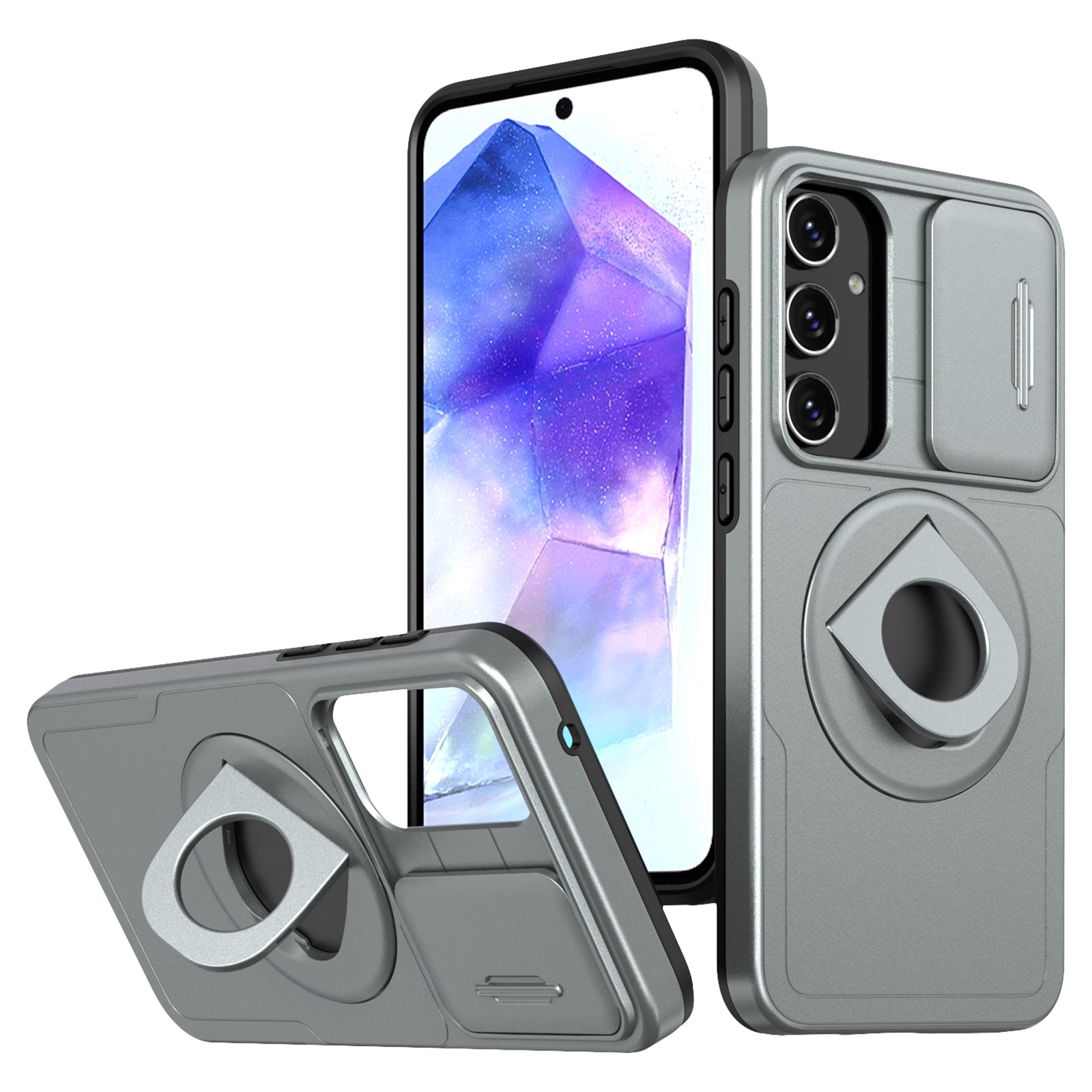 For Samsung Galaxy A55 5G Case Magnetic Kickstand TPU+PC Phone Cover with Slide Lens Lid