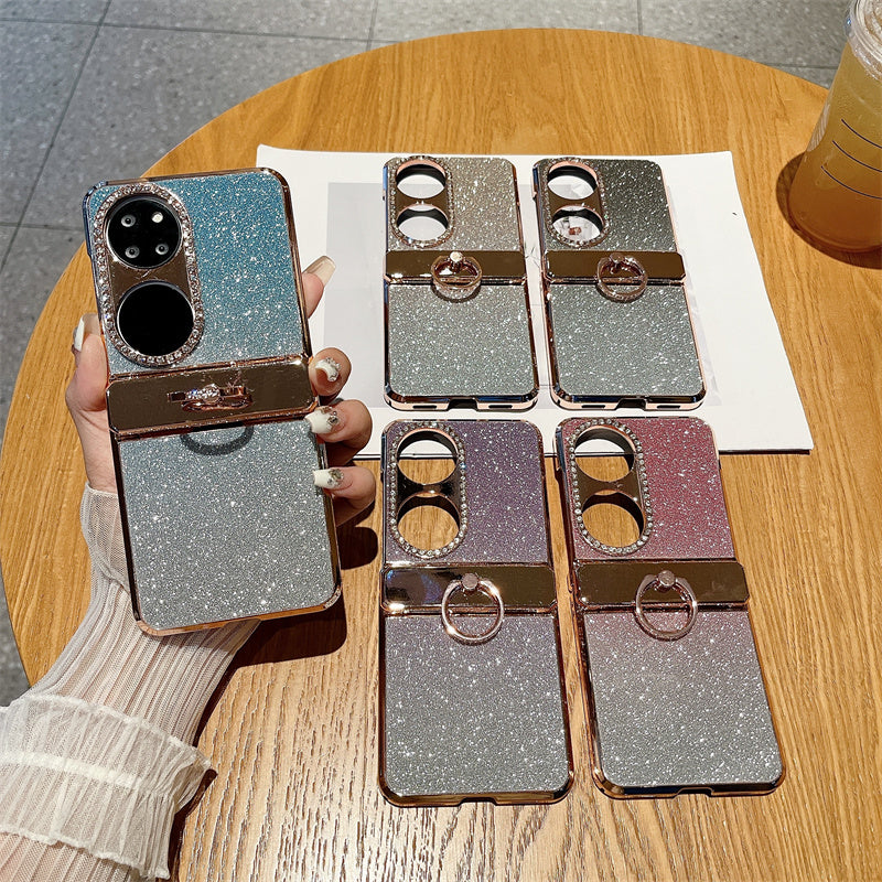 For Huawei P50 Pocket Glitter Design Ring Kickstand Hard PC Phone Cover