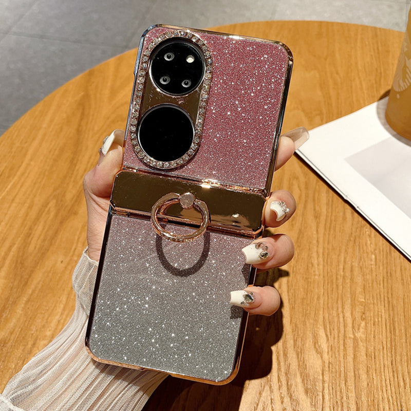 For Huawei P50 Pocket Glitter Design Ring Kickstand Hard PC Phone Cover