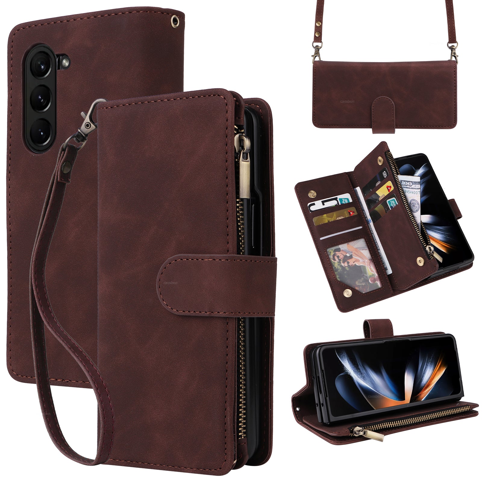 For Samsung Galaxy Z Fold5 5G Case Multiple Card Slots Zipper Leather Crossbody Phone Cover