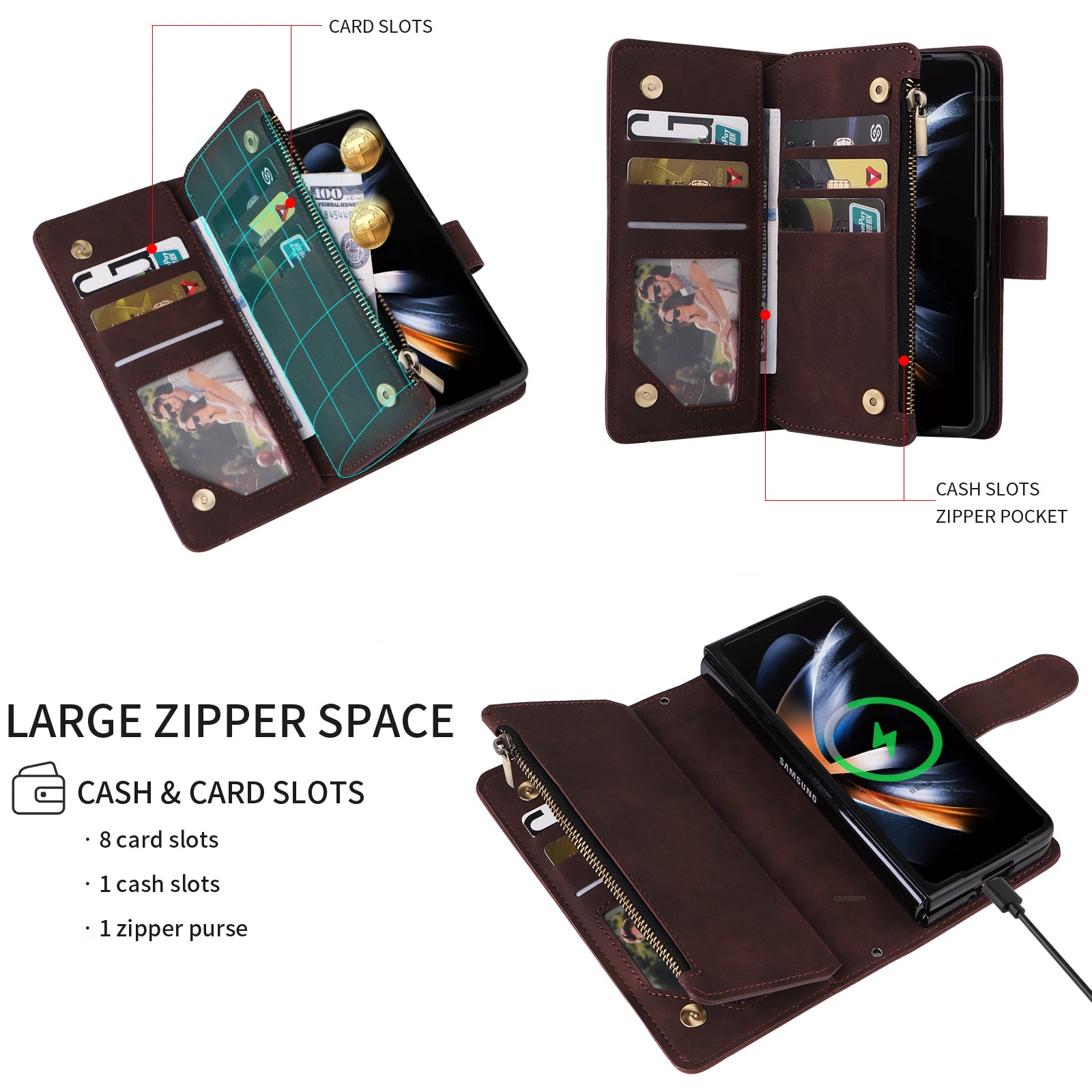 For Samsung Galaxy Z Fold5 5G Case Multiple Card Slots Zipper Leather Crossbody Phone Cover