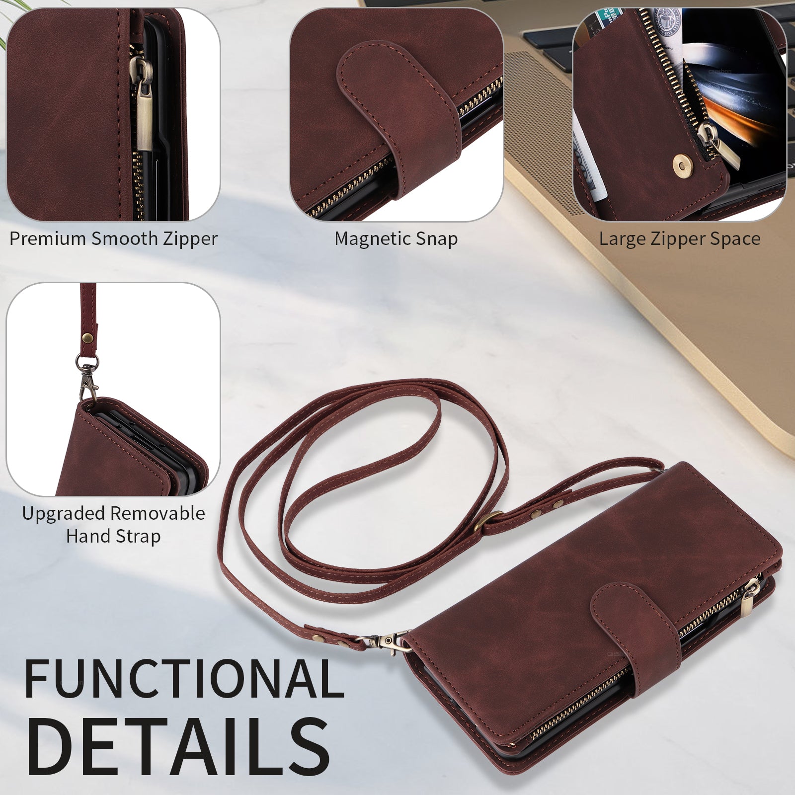 For Samsung Galaxy Z Fold5 5G Case Multiple Card Slots Zipper Leather Crossbody Phone Cover