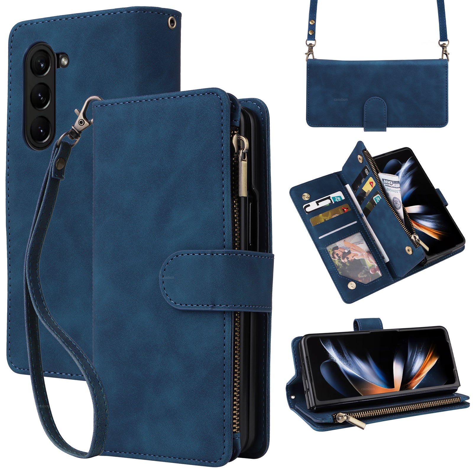 For Samsung Galaxy Z Fold5 5G Case Multiple Card Slots Zipper Leather Crossbody Phone Cover