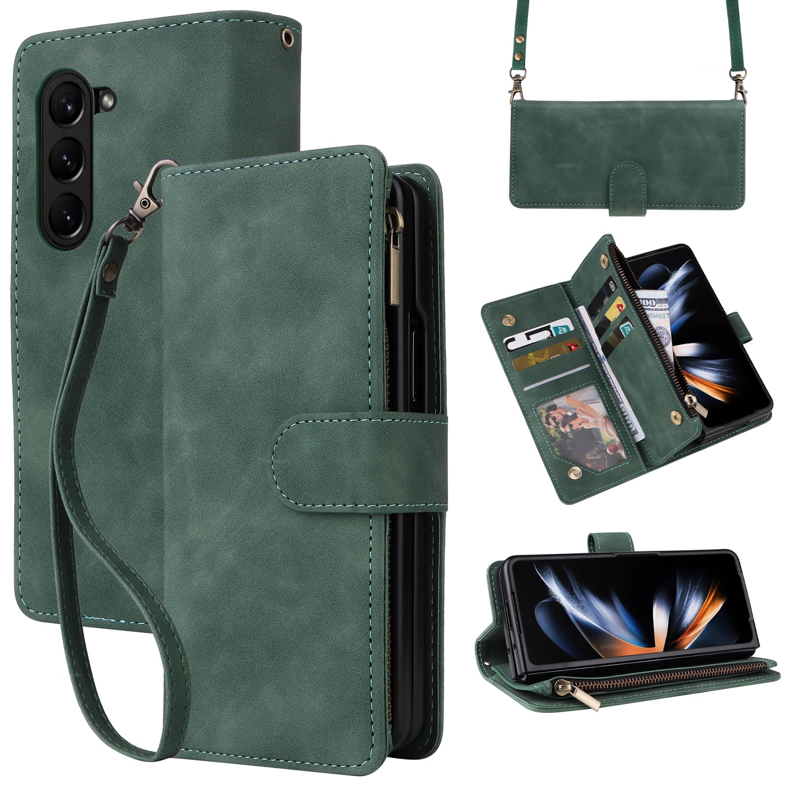 For Samsung Galaxy Z Fold5 5G Case Multiple Card Slots Zipper Leather Crossbody Phone Cover