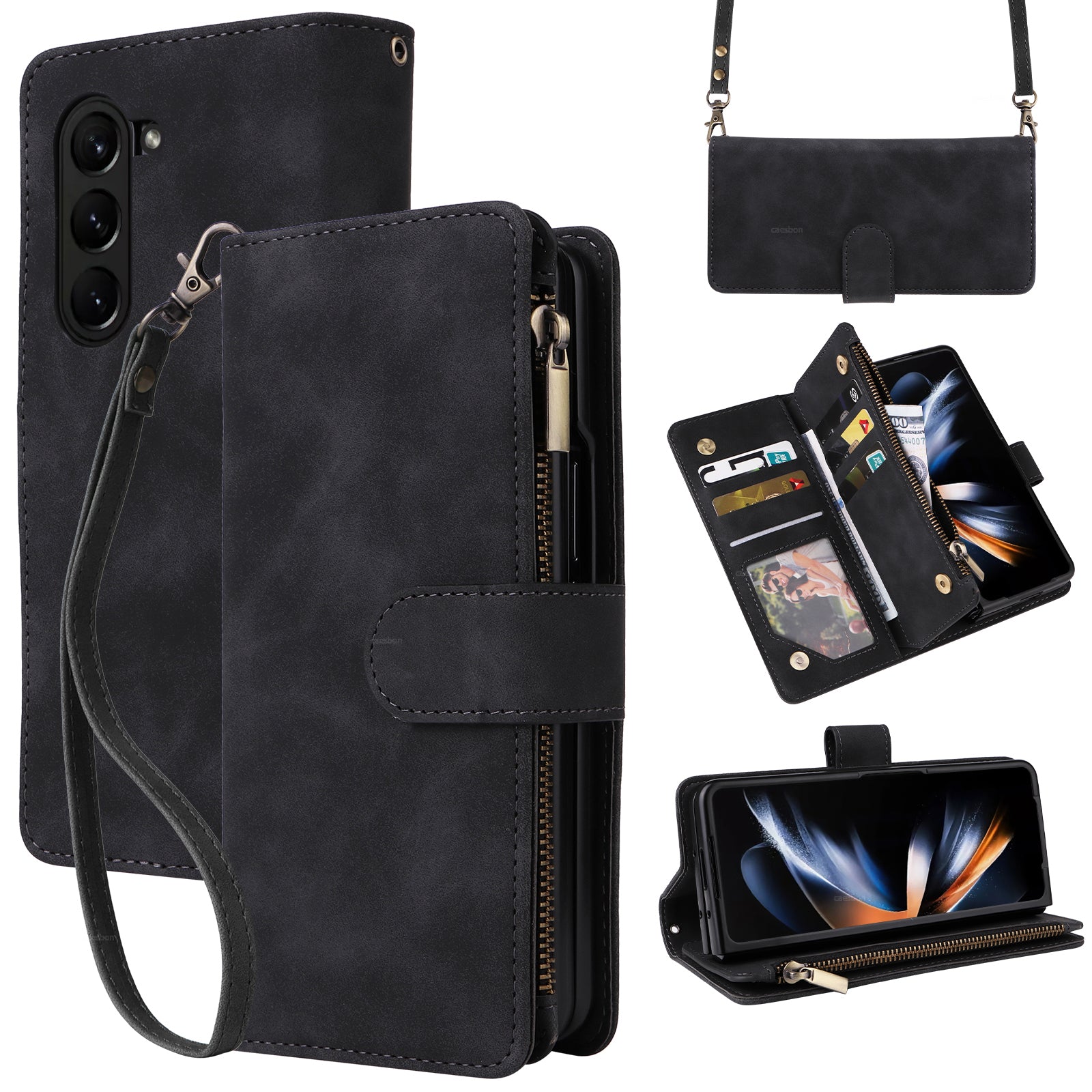 For Samsung Galaxy Z Fold5 5G Case Multiple Card Slots Zipper Leather Crossbody Phone Cover