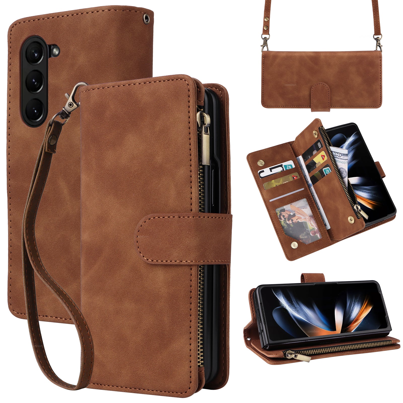 For Samsung Galaxy Z Fold5 5G Case Multiple Card Slots Zipper Leather Crossbody Phone Cover