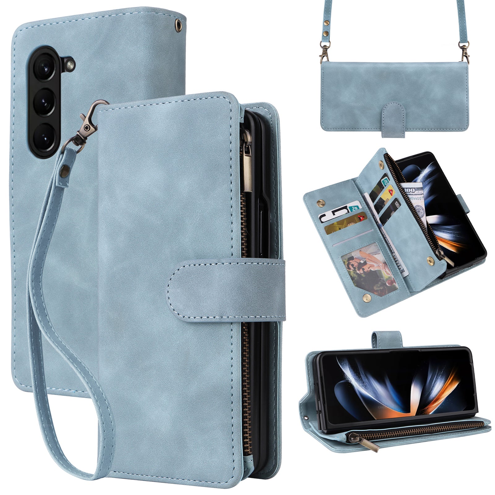 For Samsung Galaxy Z Fold5 5G Case Multiple Card Slots Zipper Leather Crossbody Phone Cover