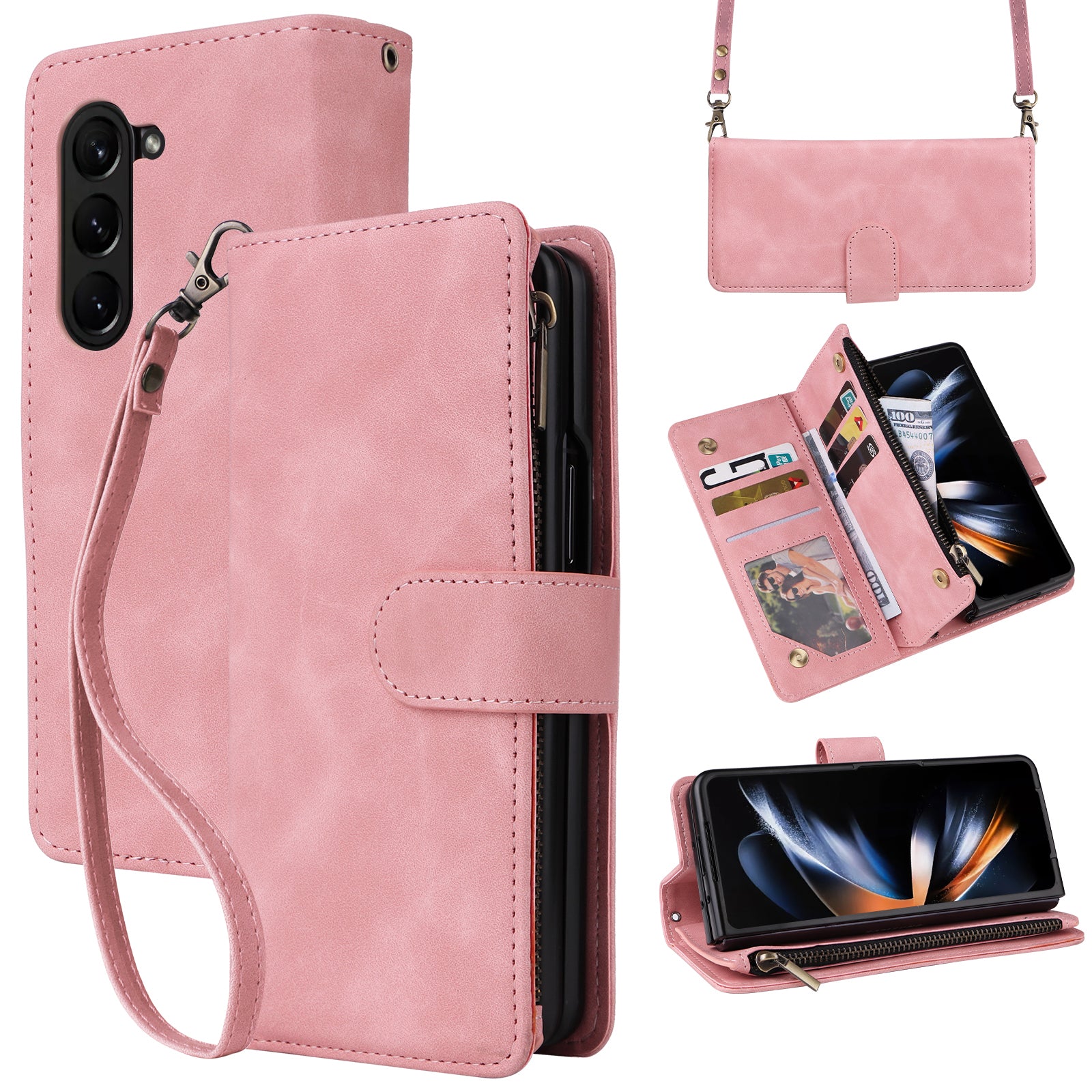 For Samsung Galaxy Z Fold5 5G Case Multiple Card Slots Zipper Leather Crossbody Phone Cover