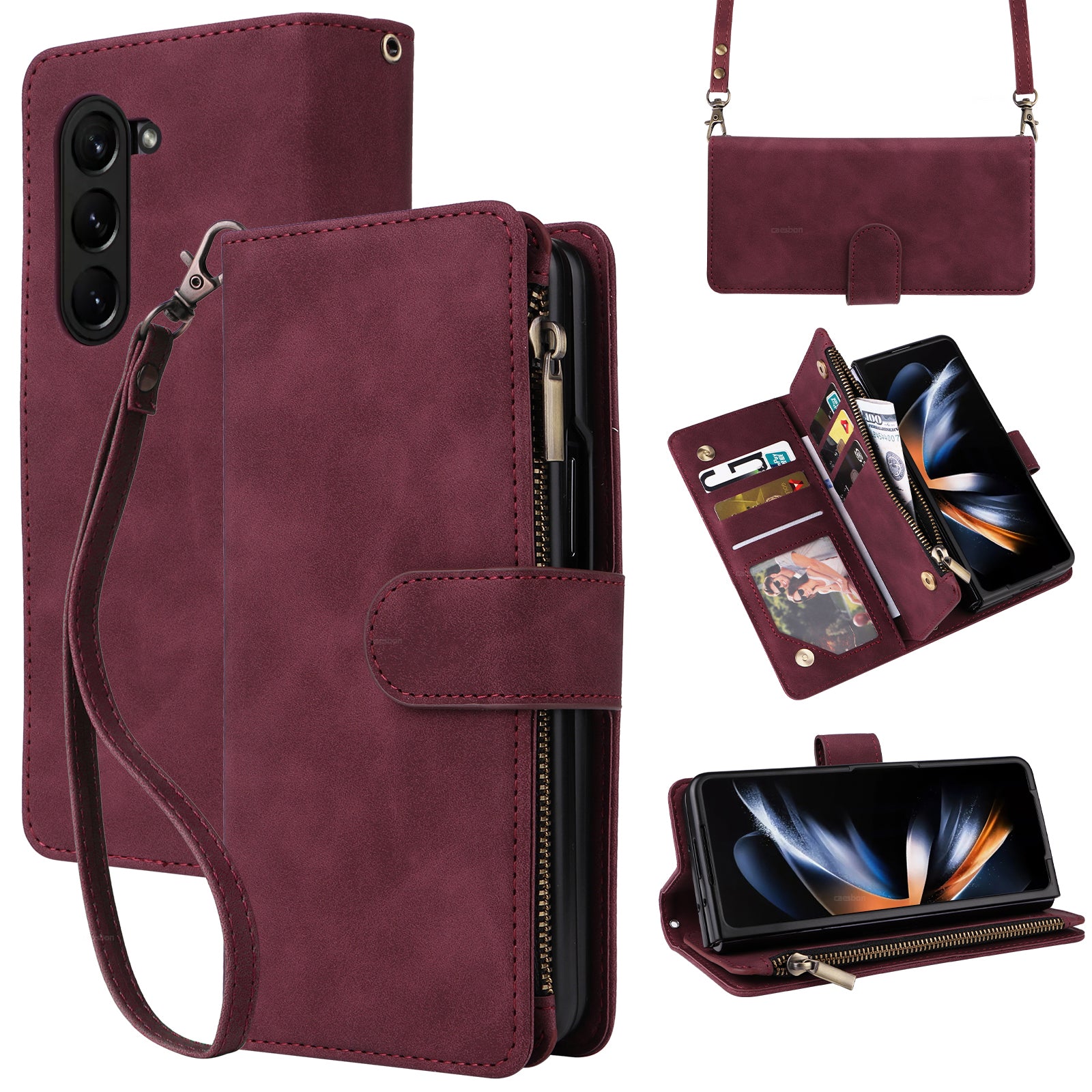 For Samsung Galaxy Z Fold5 5G Case Multiple Card Slots Zipper Leather Crossbody Phone Cover