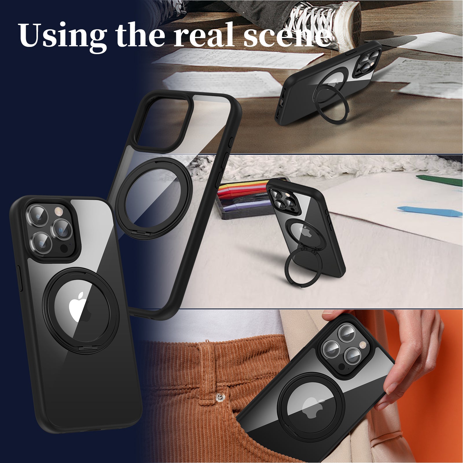 For iPhone 14 Pro Max Case PC+TPU Rotatable Kickstand Phone Cover Compatible with MagSafe