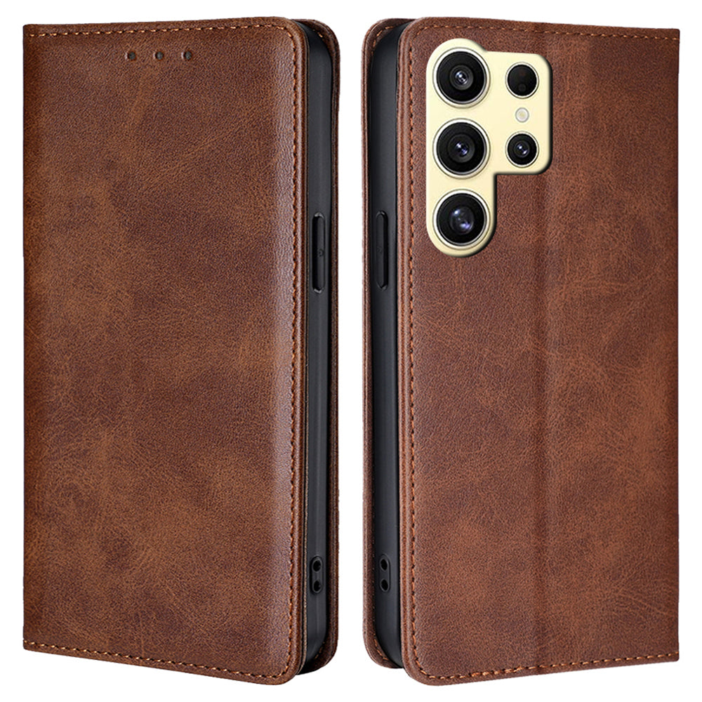 For Samsung Galaxy S24 Ultra Case Magnetic Closing Leather Calf Textured Phone Cover