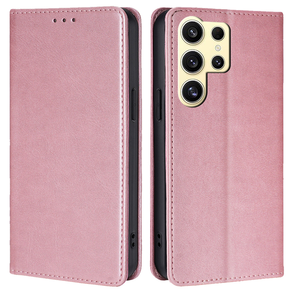 For Samsung Galaxy S24 Ultra Case Magnetic Closing Leather Calf Textured Phone Cover