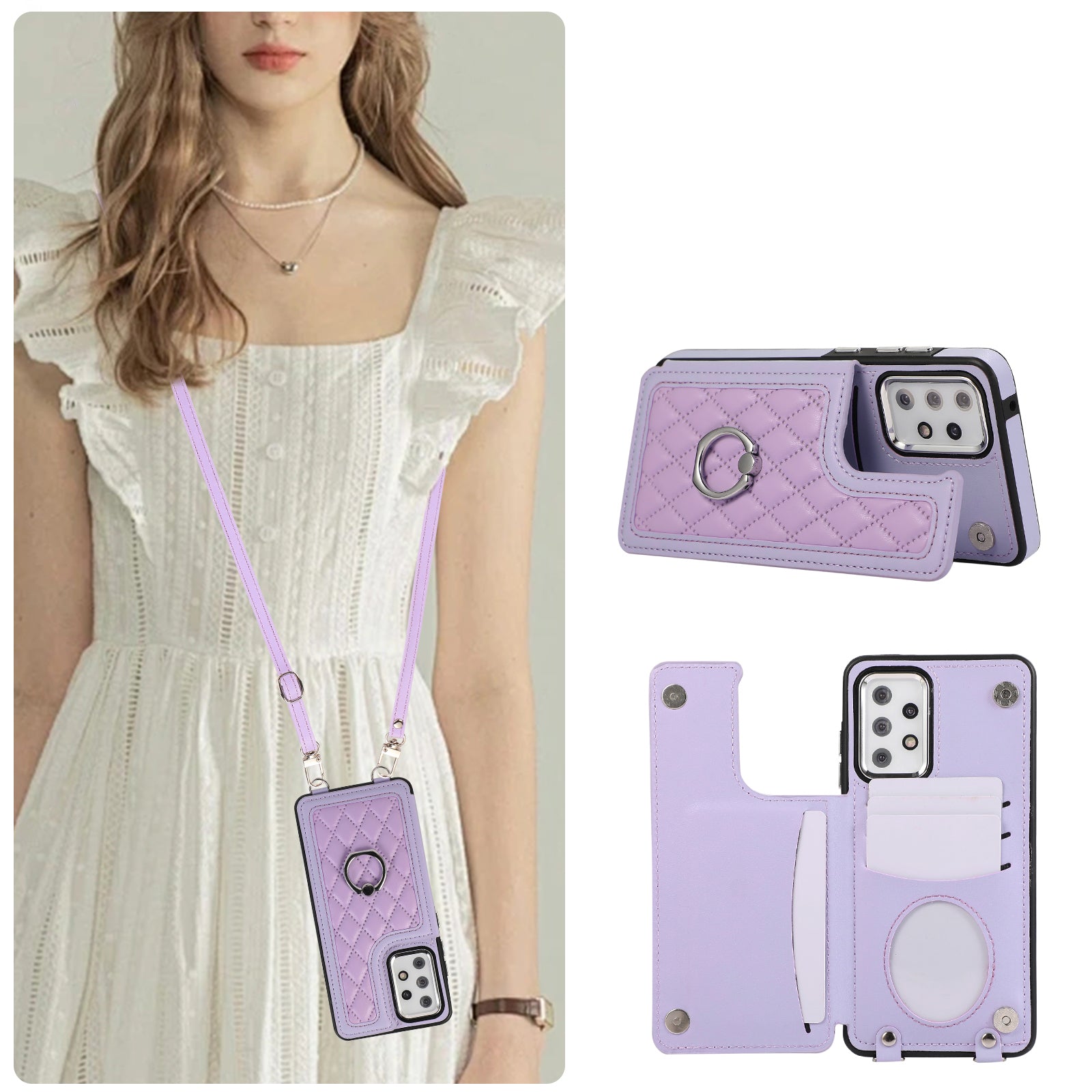 For Samsung Galaxy A53 5G Card Holder Case RFID Blocking Ring Kickstand Cover with Shoulder Strap
