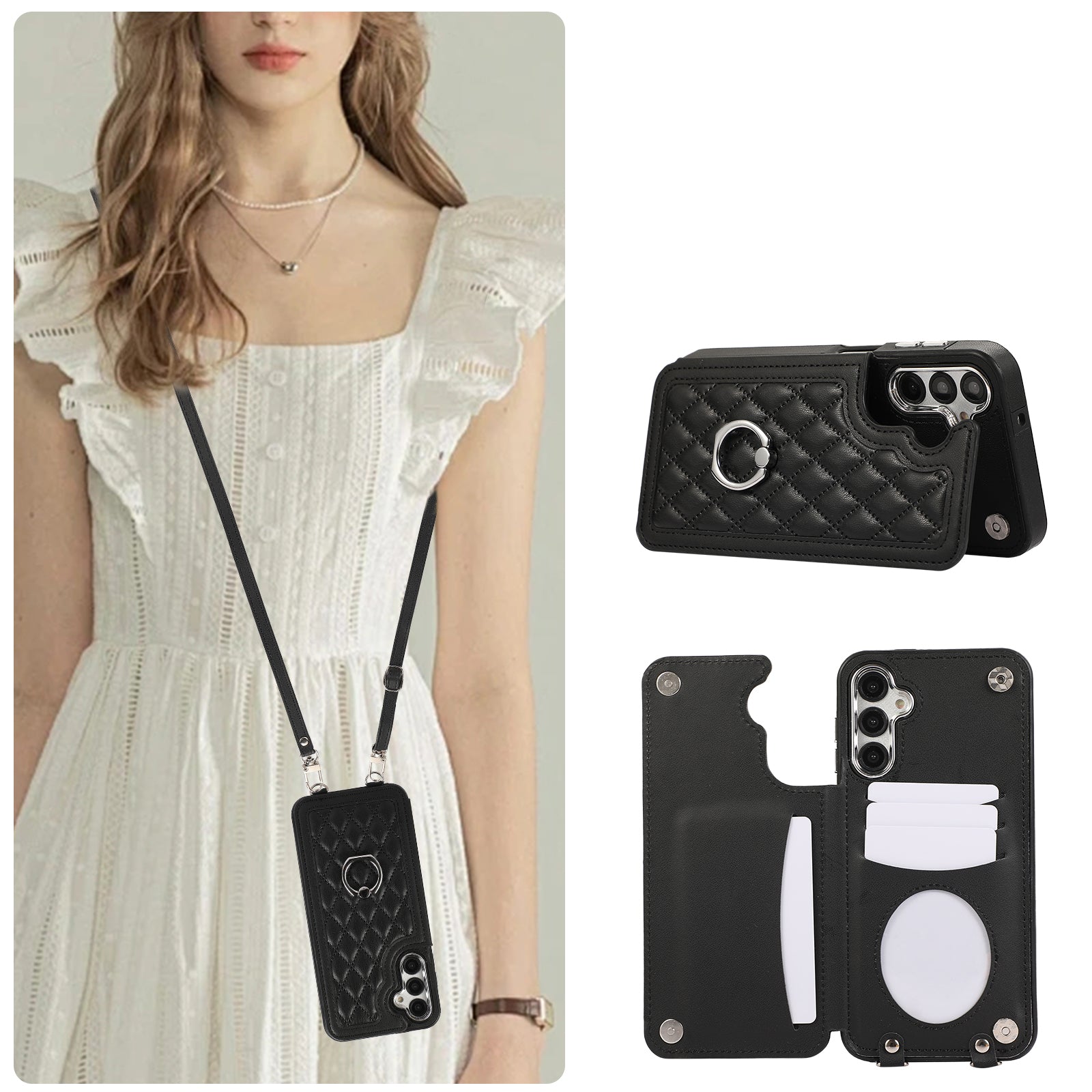 For Samsung Galaxy S24 Card Holder Shockproof Case Ring Kickstand Cover with Shoulder Strap