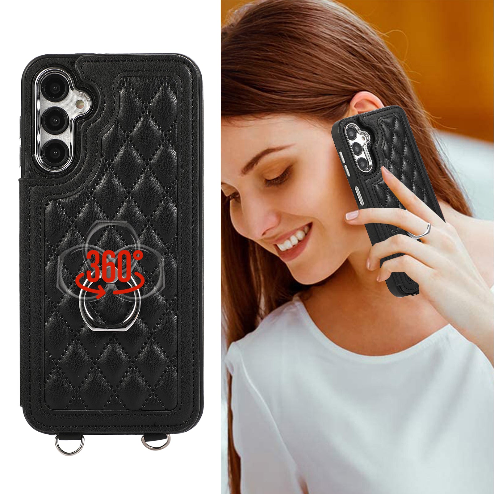 For Samsung Galaxy S24 Card Holder Shockproof Case Ring Kickstand Cover with Shoulder Strap