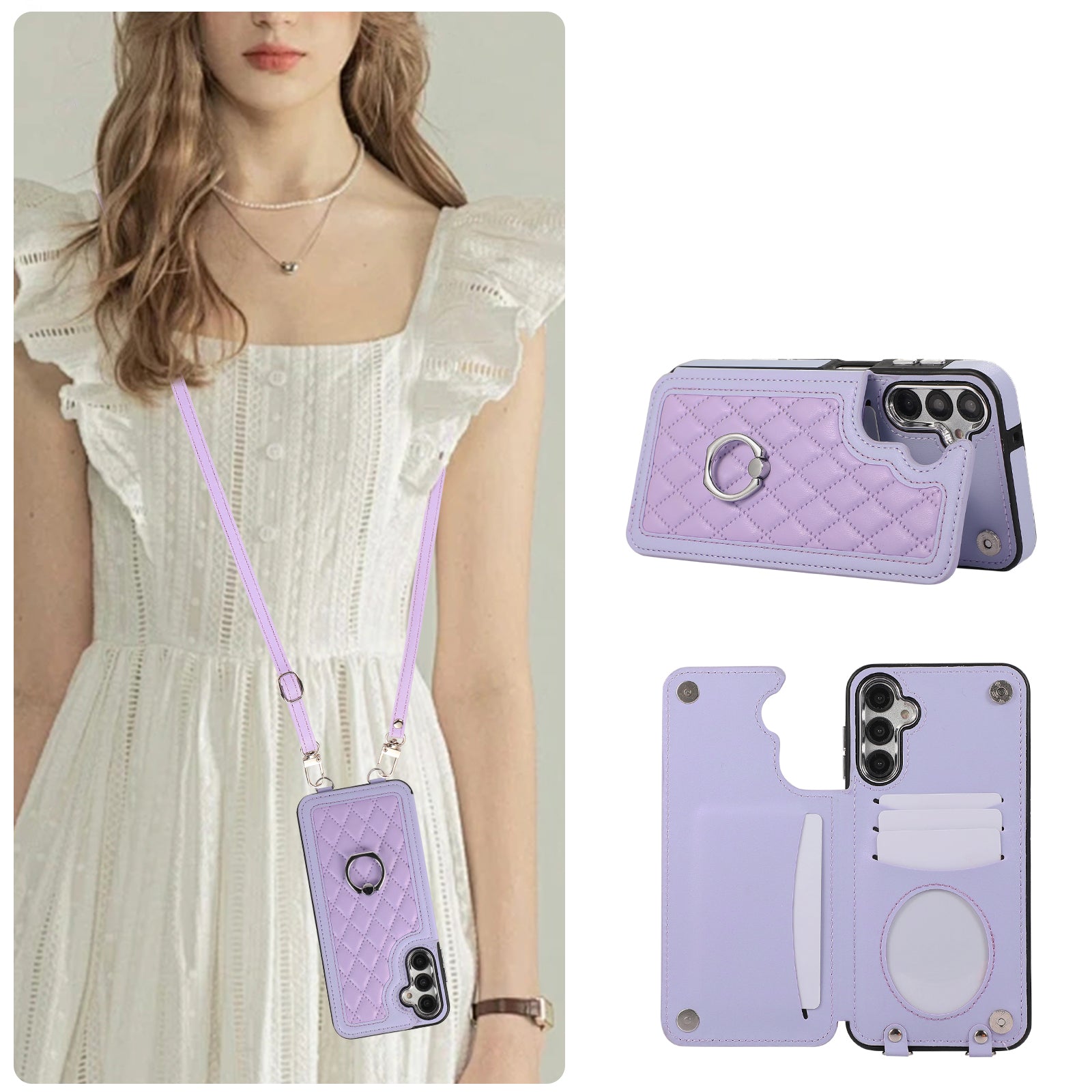 For Samsung Galaxy S23 FE Case RFID Blocking Card Holder Ring Kickstand Cover with Shoulder Strap
