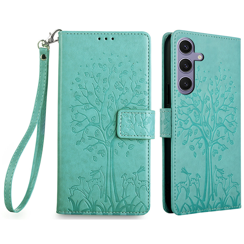 For Samsung Galaxy S24+ Case Deer Tree Pattern Leather Flip Wallet Card Slots Phone Cover